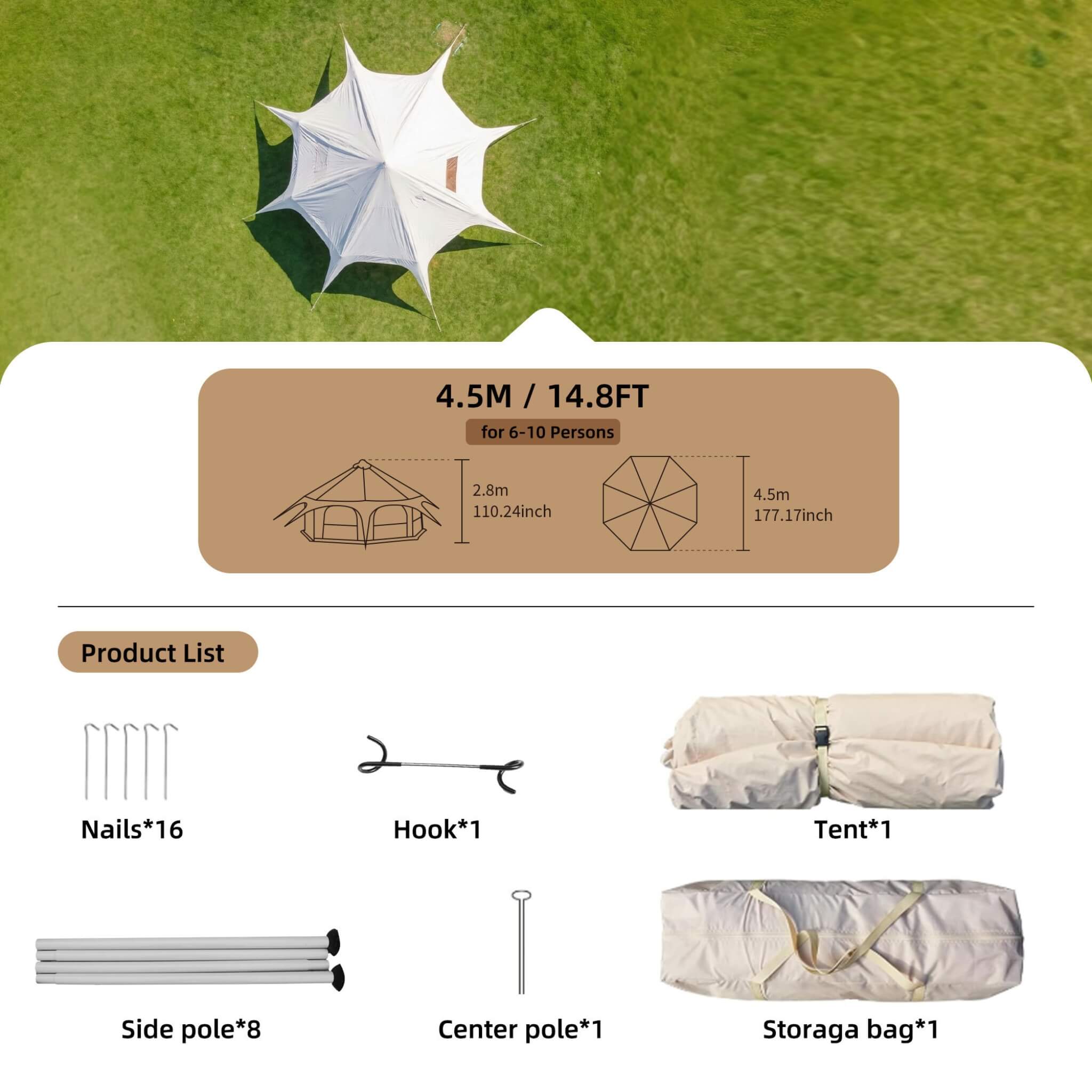 Large 15FT 600D Oxford Bell Tent With Stove Jack For Glamping And Camping (SAK10987)