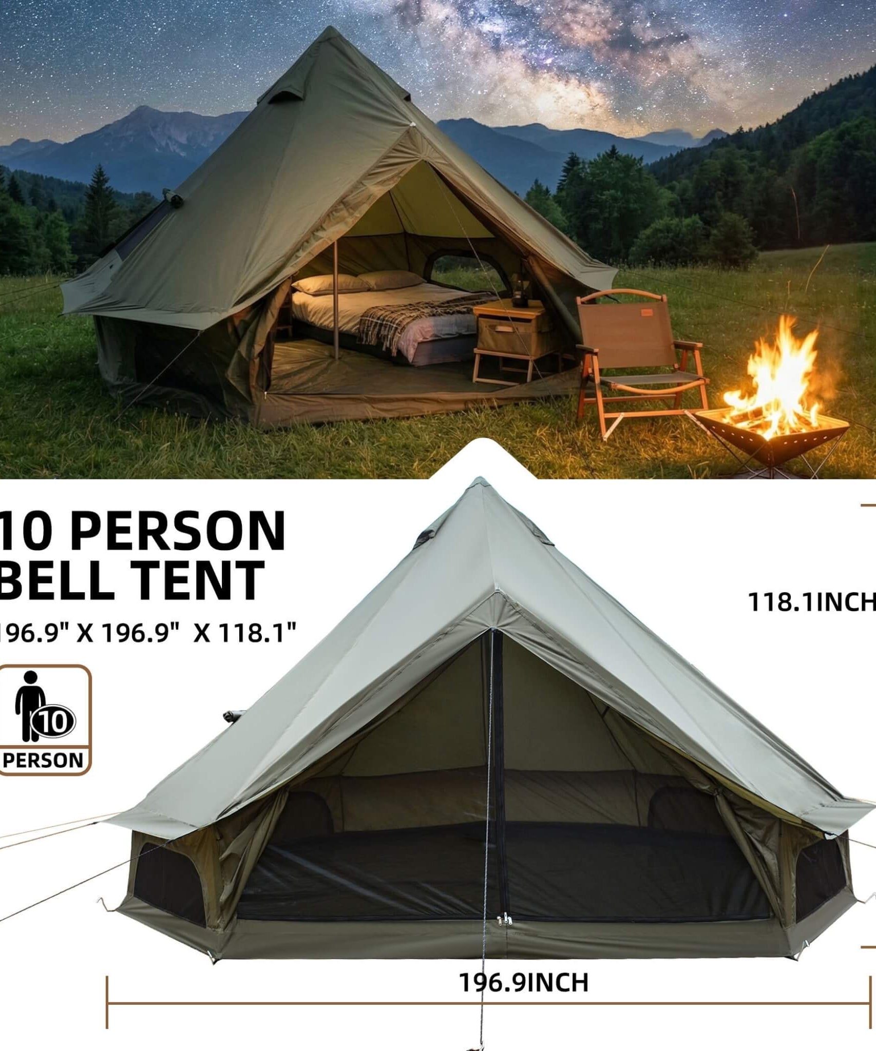 Large 16FT 10-Person All-Season Waterproof Bell Tent With Stove Jack (SAK31584)