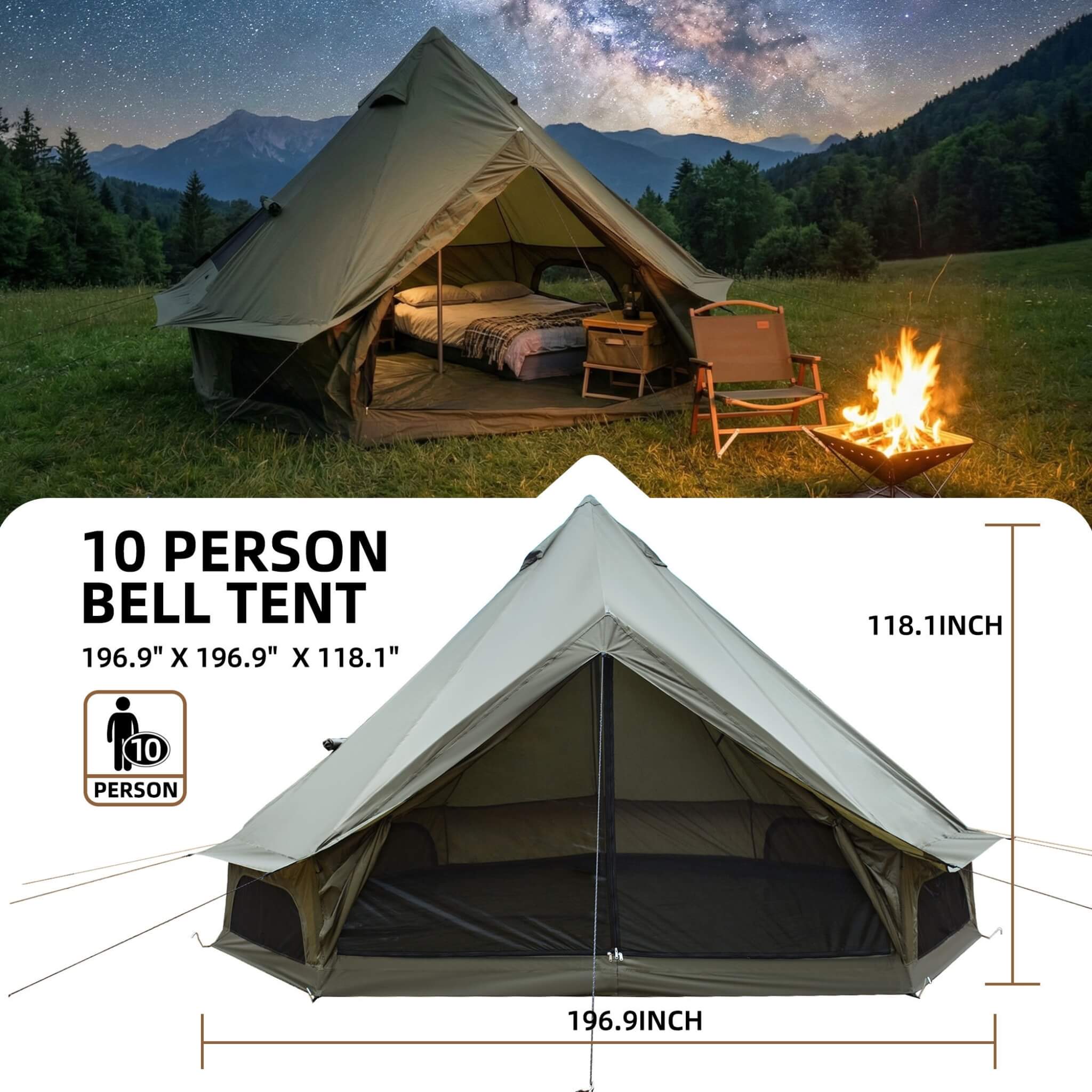Large 16FT 10-Person All-Season Waterproof Bell Tent With Stove Jack (SAK31584)