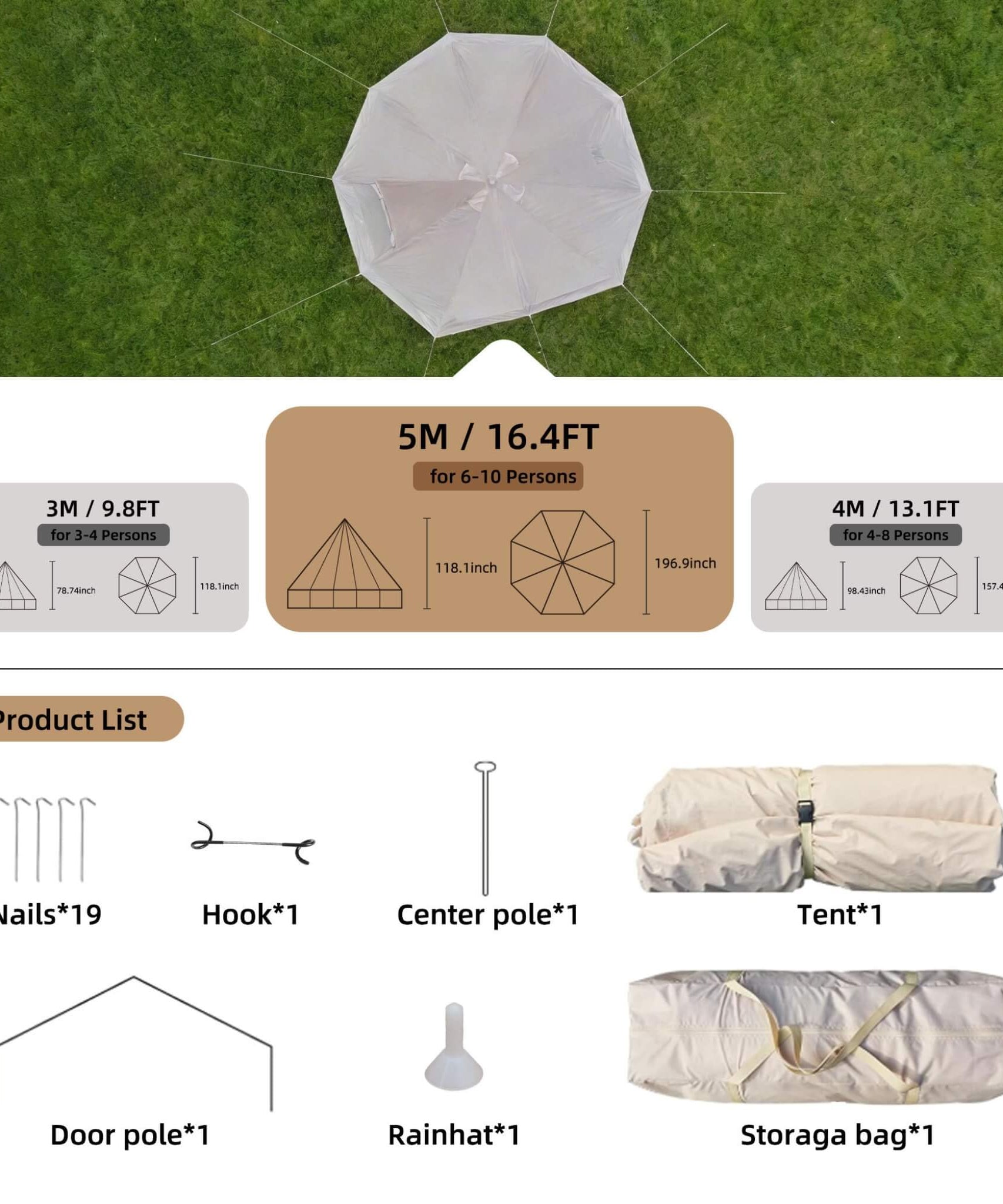 Large 16FT 10-Person All-Season Waterproof Bell Tent With Stove Jack (SAK31584)