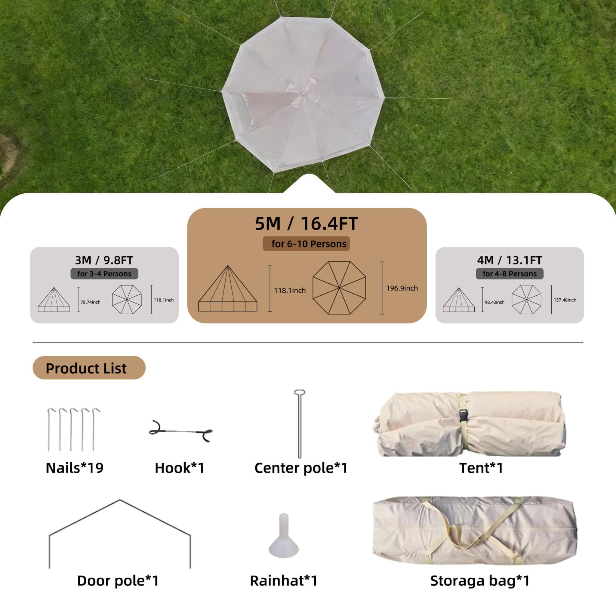 Large 16FT 10-Person All-Season Waterproof Bell Tent With Stove Jack (SAK31584)