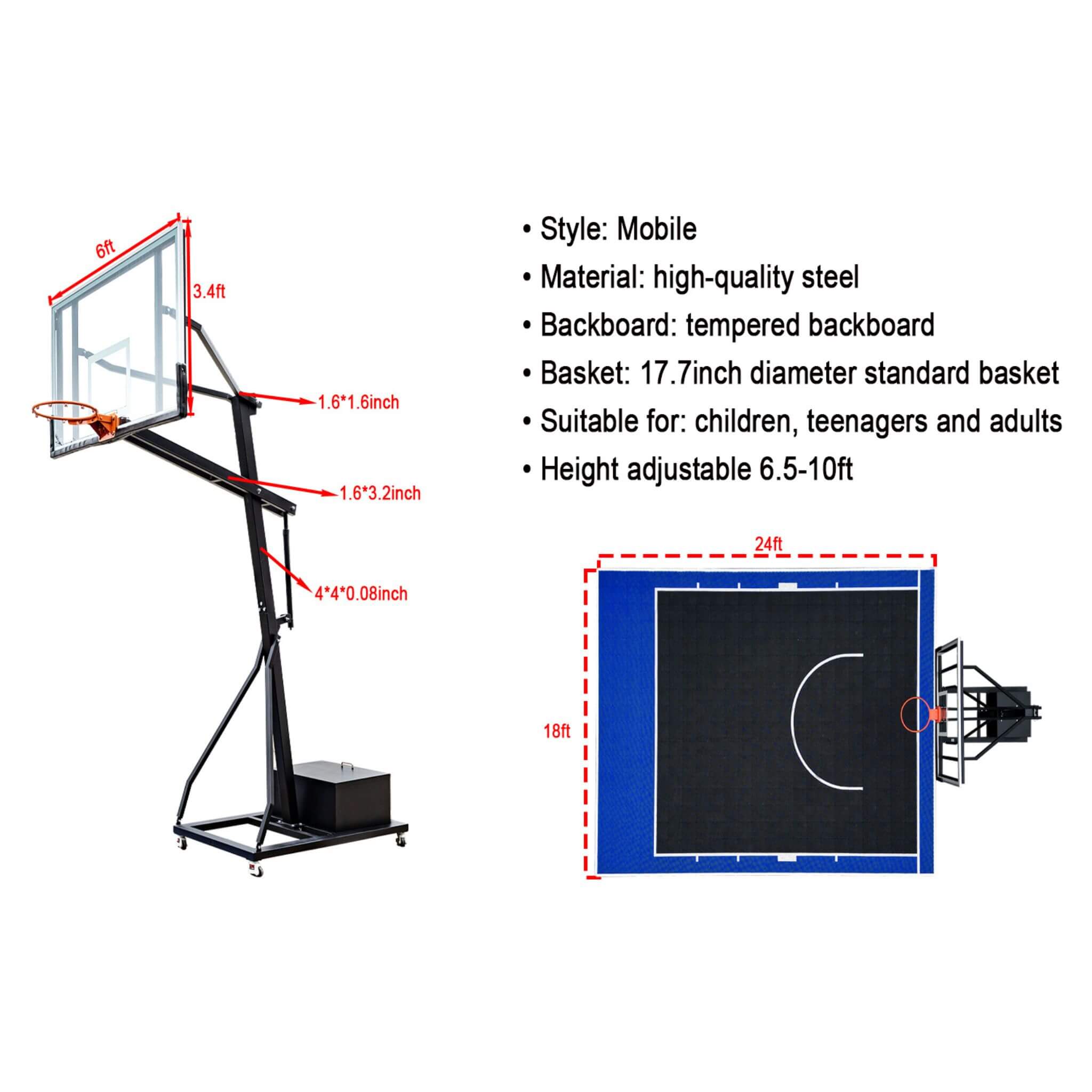 [18X24FT] Heavy-Duty Portable Adjustable Basketball Hoop With Court (SAK72980)