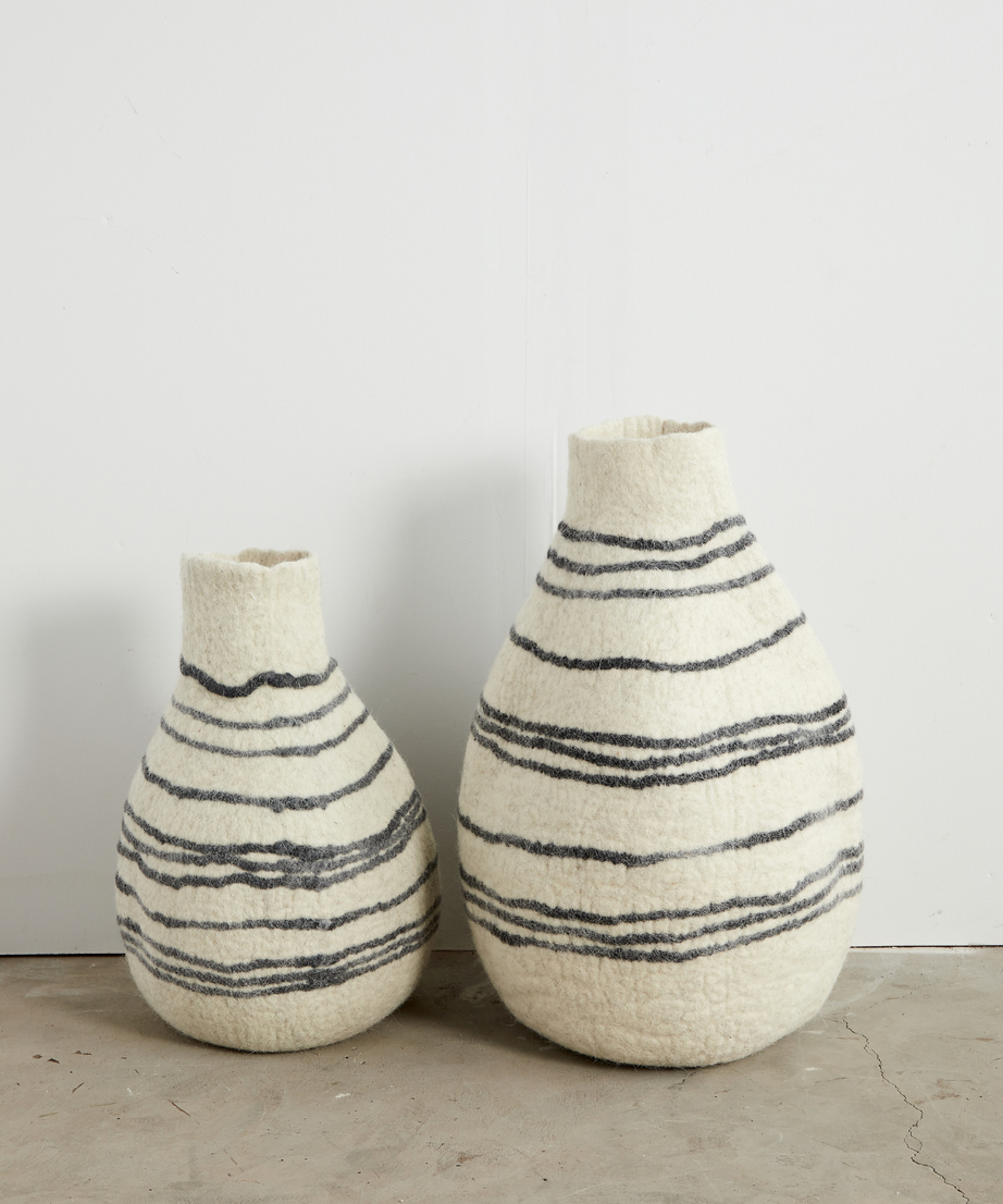 Tribal Lines Hand-Felted Wool Natural White Gourd Basket