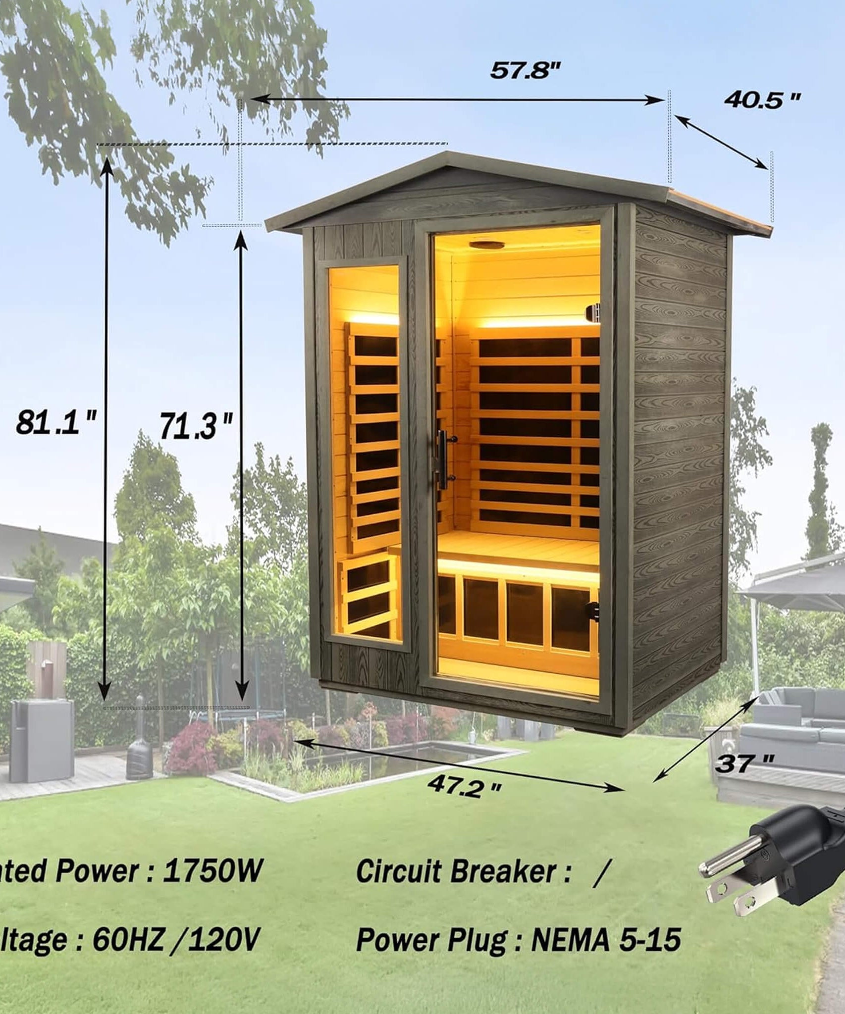 Thermora Riva Premium 2-Person Black Carbonized Walnut Low EMF Far Infrared Outdoor Sauna With Bluetooth Audio And LED Lighting (SAK16850)