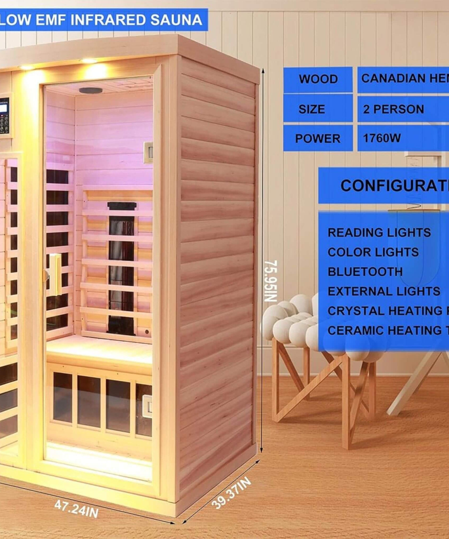 Thermora Orien Premium 2-Person Low EMF FAR-Infrared Heat Wood Home Personal Spa Sauna With Ceramic Heaters, 1760W (SAK25714)