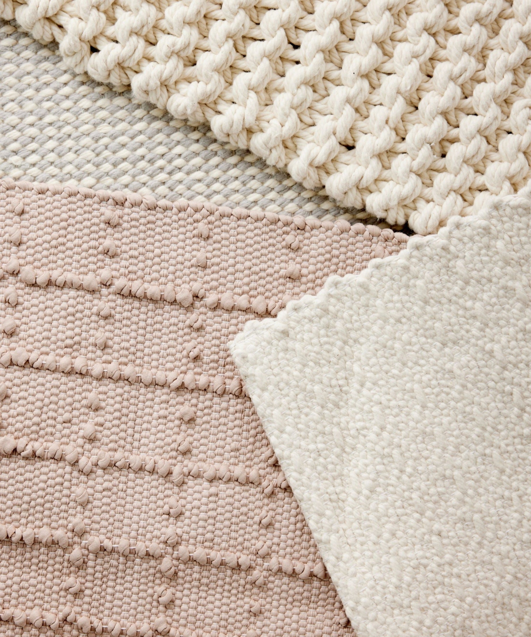 Blush Pink Plaid Hand-Loomed Cotton Bobble Mat