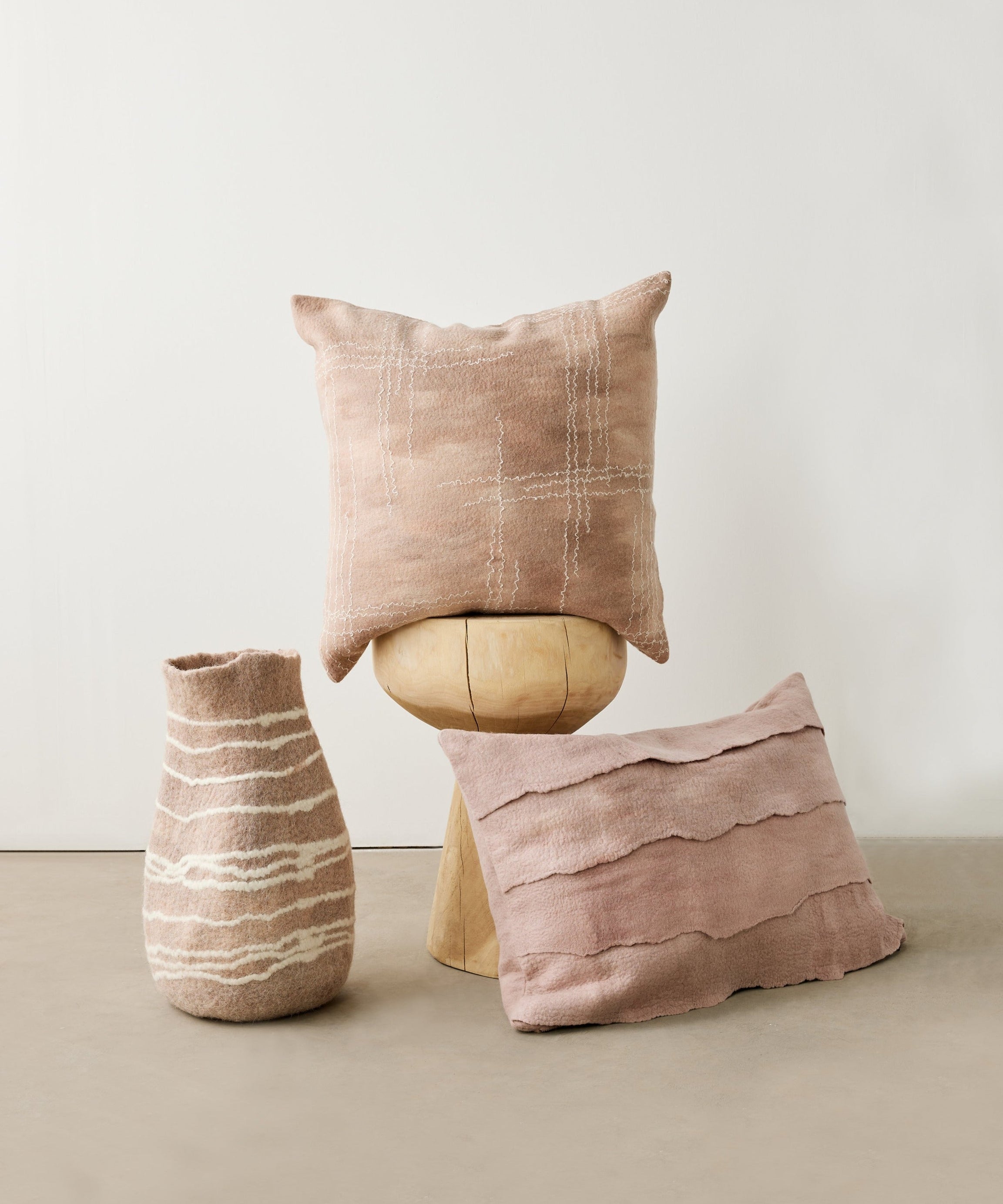 Tribal Lines Dusty Rose Pink Wool Gourd Basket