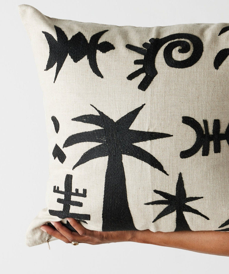 Keiskamma Black Linen & Silk Embroidered Throw Pillow