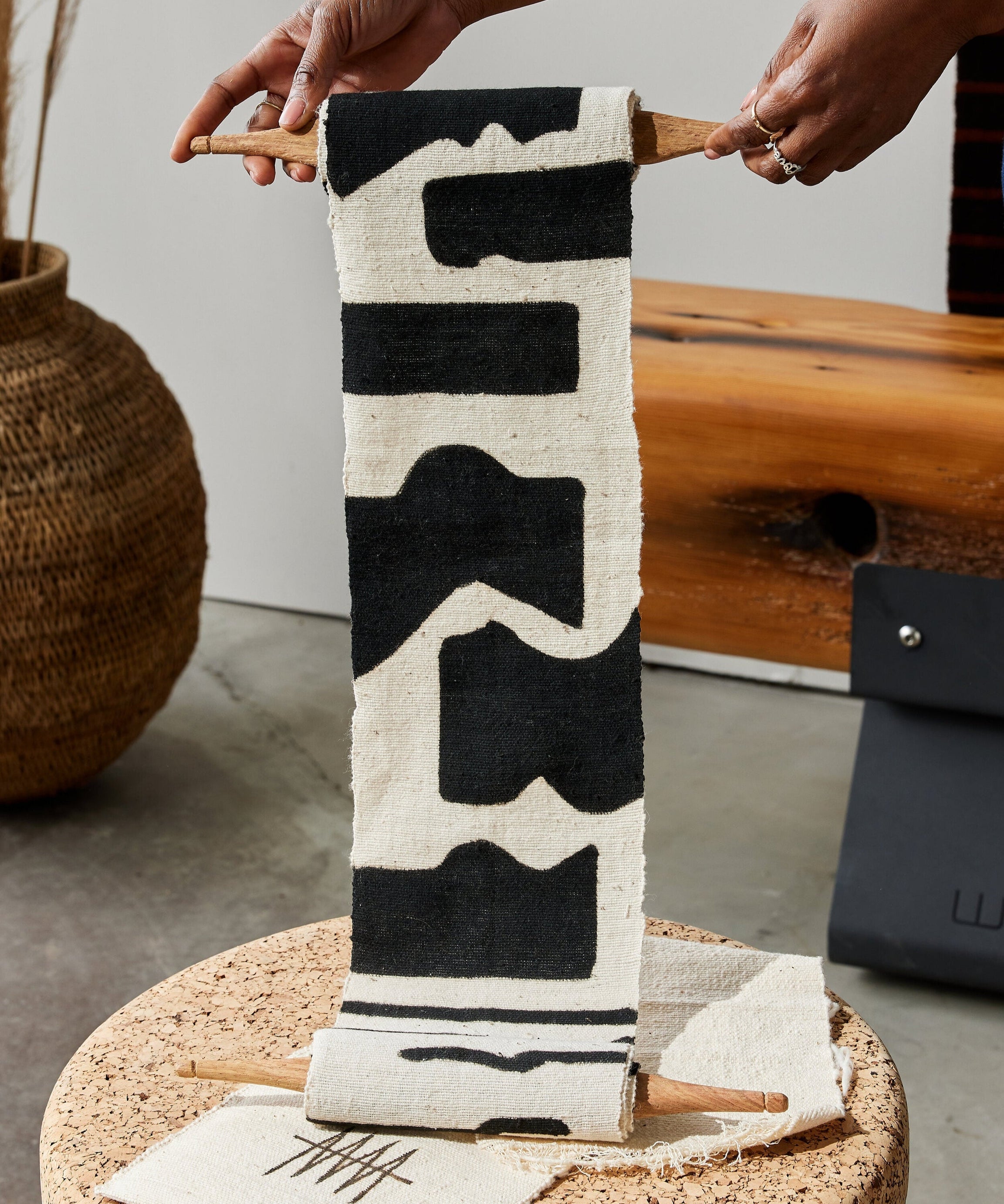 Vibrations Bogolan Wall Totem in White with Black Vibes