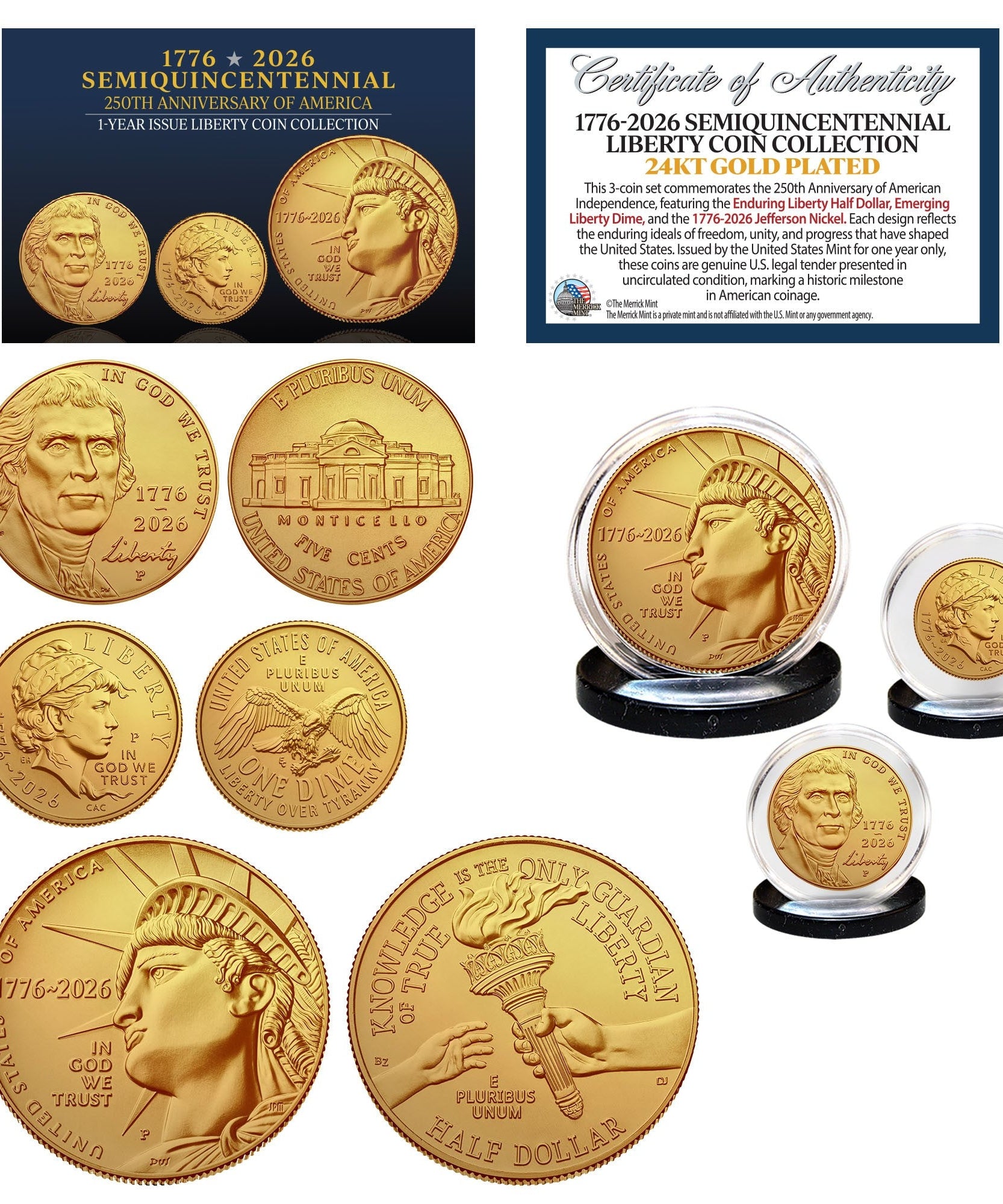 (P-MINT) 1776–2026 Semiquincentennial Liberty 3-Münzen-Set 24 Karat vergoldet – USA 250. Sammler-Edition