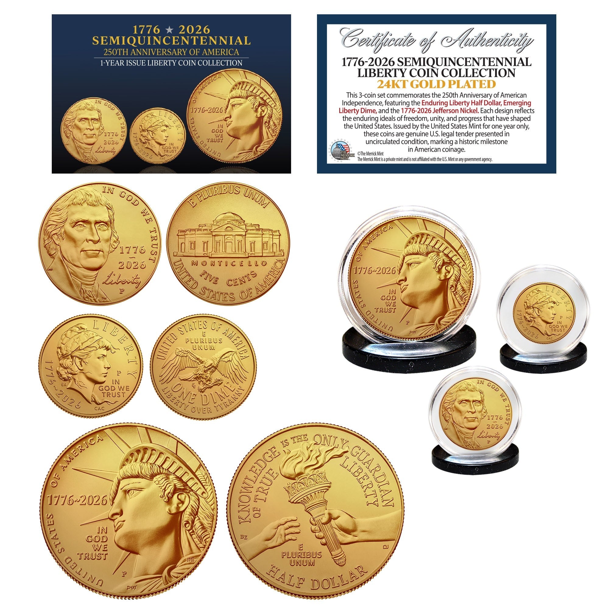 (P-MINT) 1776–2026 Semiquincentennial Liberty 3-Münzen-Set 24 Karat vergoldet – USA 250. Sammler-Edition