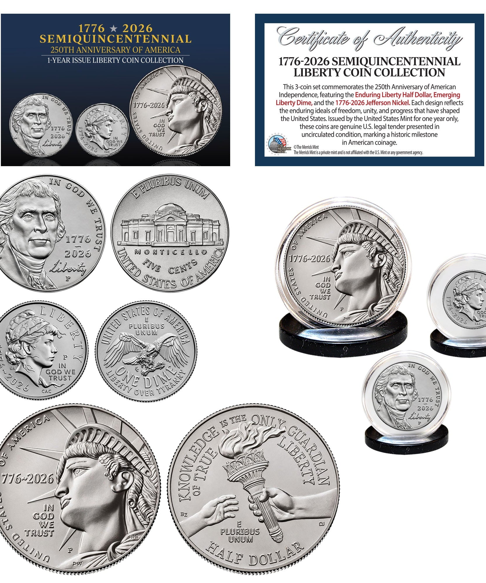 (P-MINT) 1776–2026 Semiquincentennial Liberty 3-Münzen-Set – USA 250. Sammler-Edition