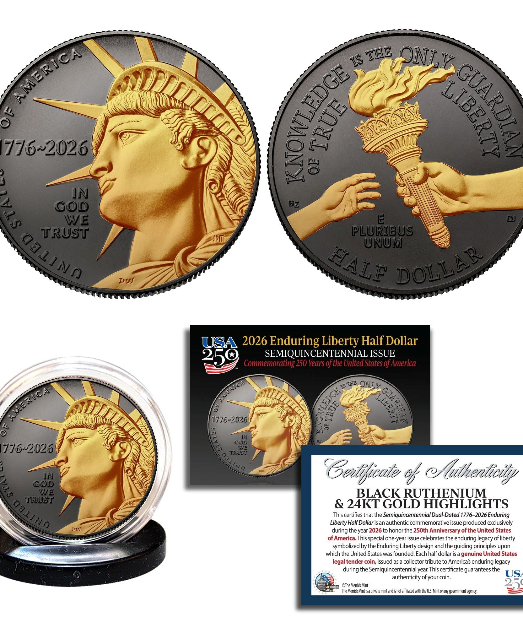 Liberty Half Dollar 1776-2026 | Schwarzes Ruthenium-Finish mit 24K Gold-Highlights – Semiquincentennial Half Dollar Münze