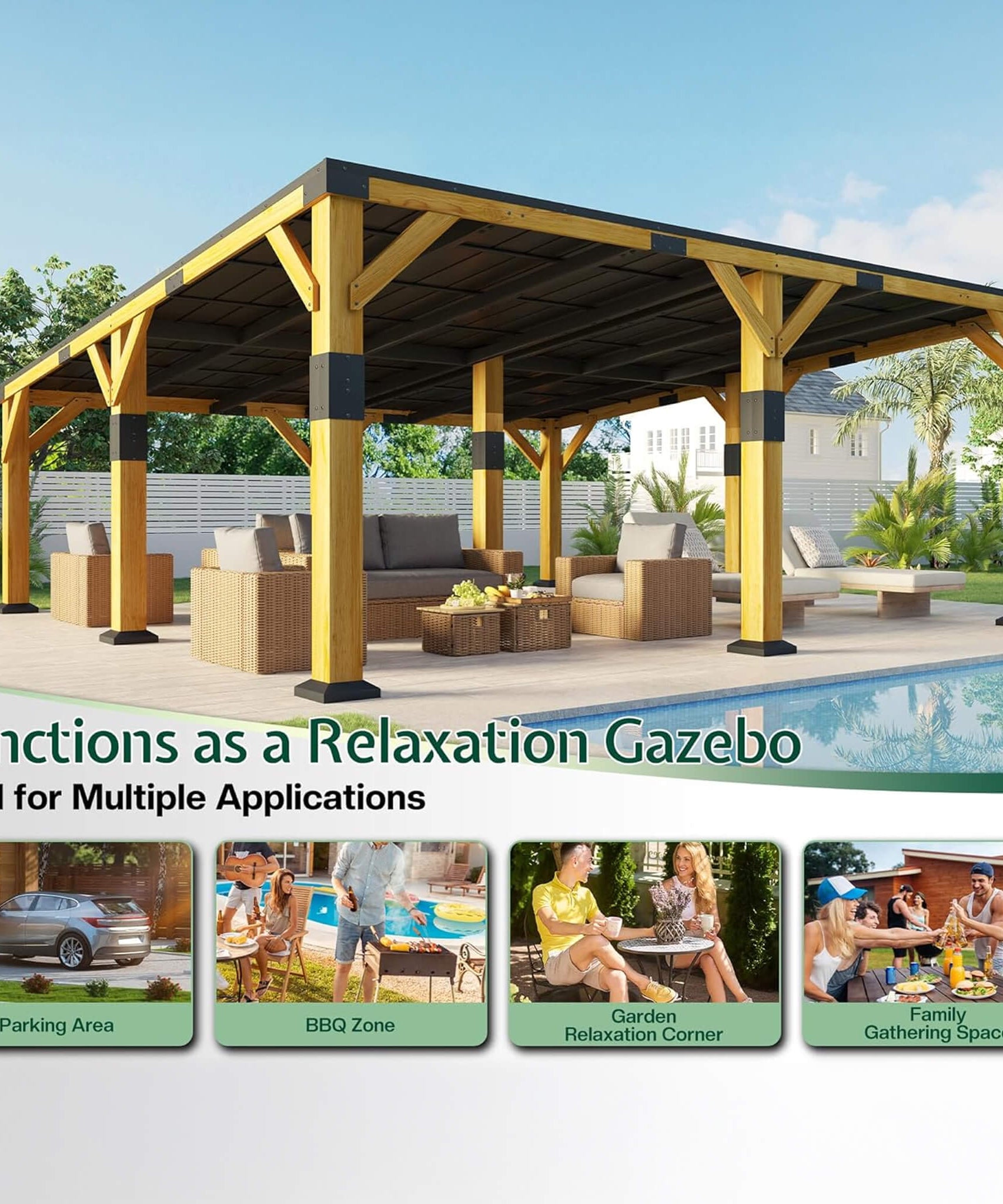 [20X20FT] Alora Heavy-Duty All-Weather Outdoor Cedar Wood Carport With Galvanized Steel Roof (SAK76145)