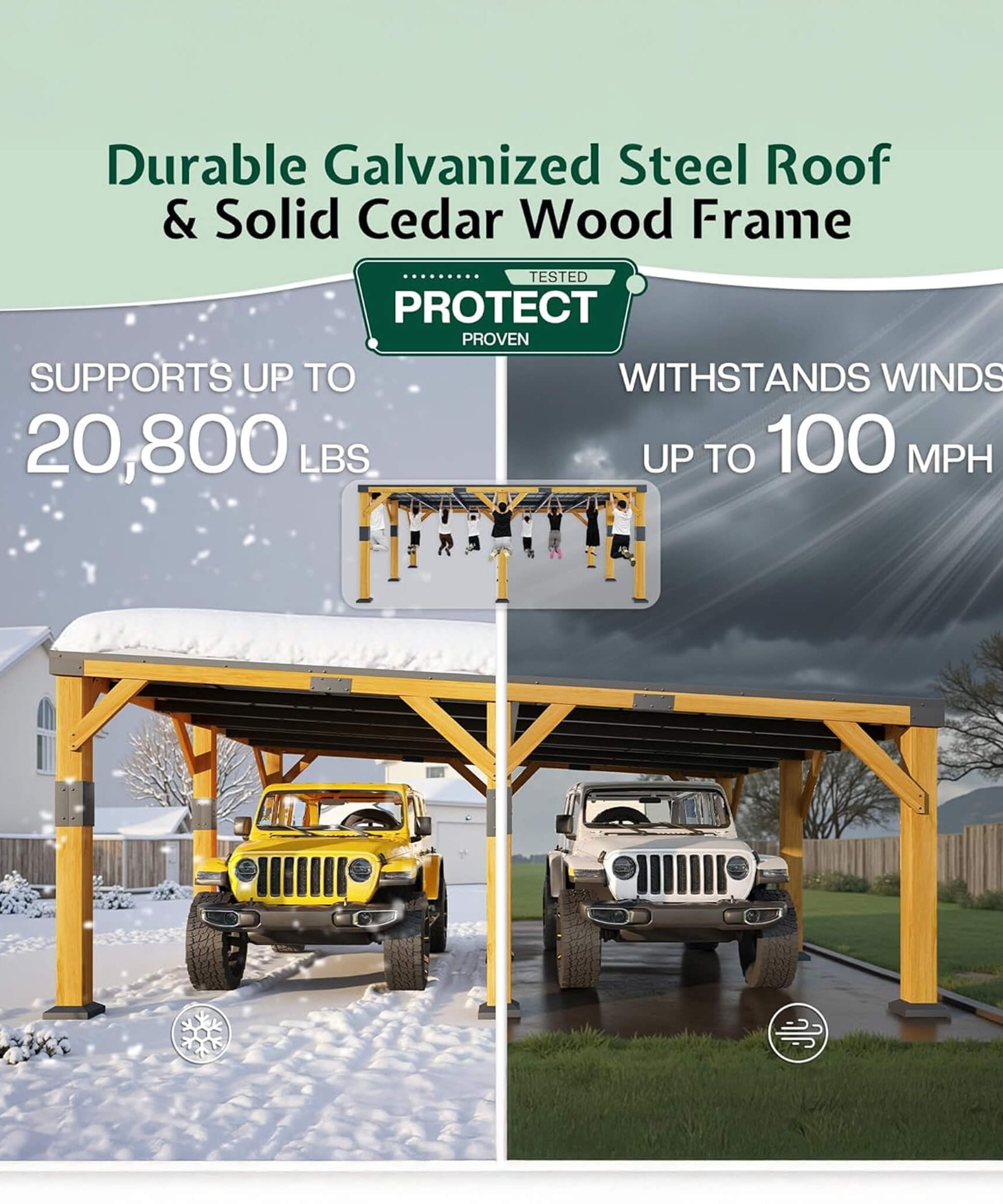 [20X20FT] Alora Heavy-Duty All-Weather Outdoor Cedar Wood Carport With Galvanized Steel Roof (SAK76145)