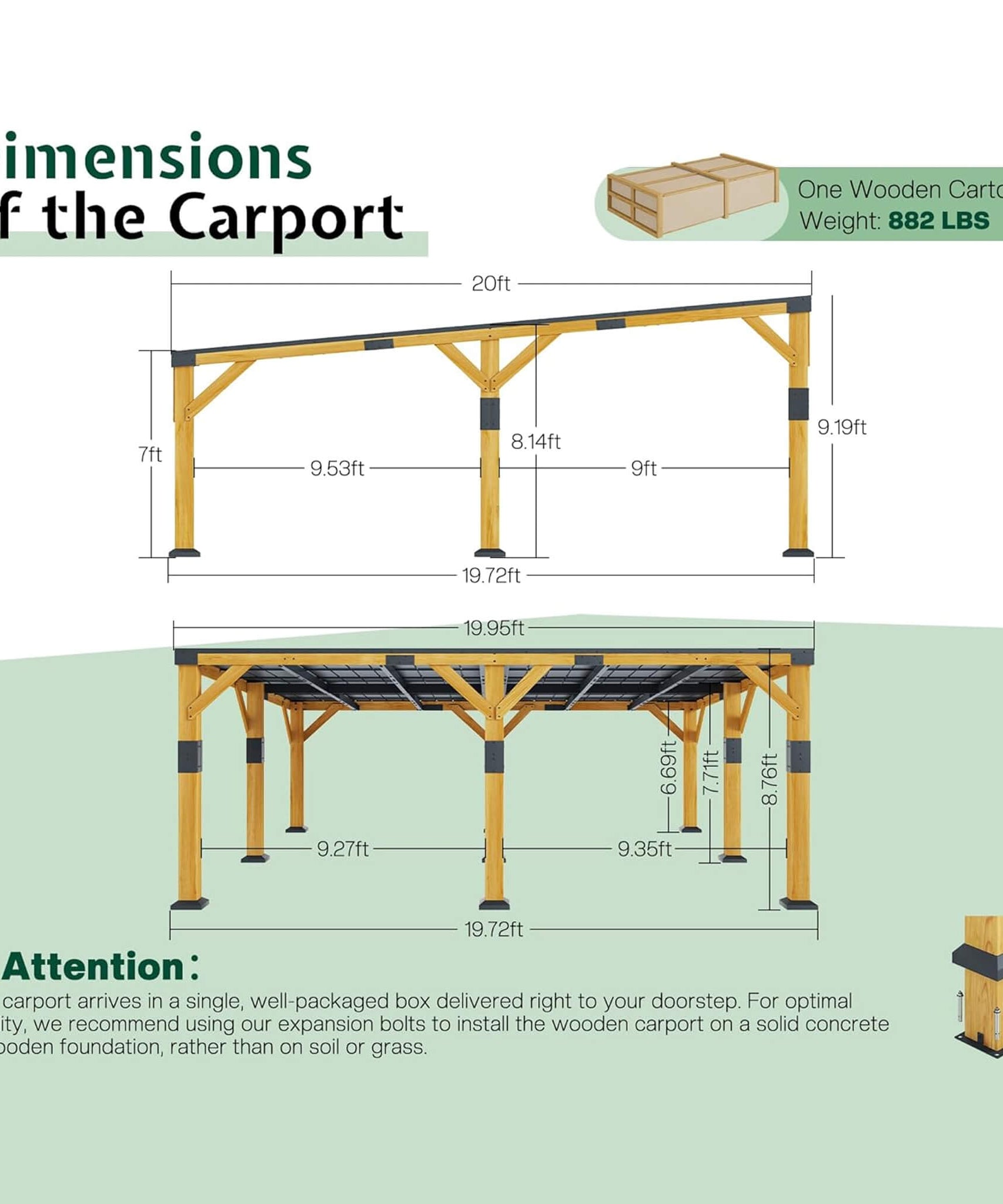 [20X20FT] Alora Heavy-Duty All-Weather Outdoor Cedar Wood Carport With Galvanized Steel Roof (SAK76145)