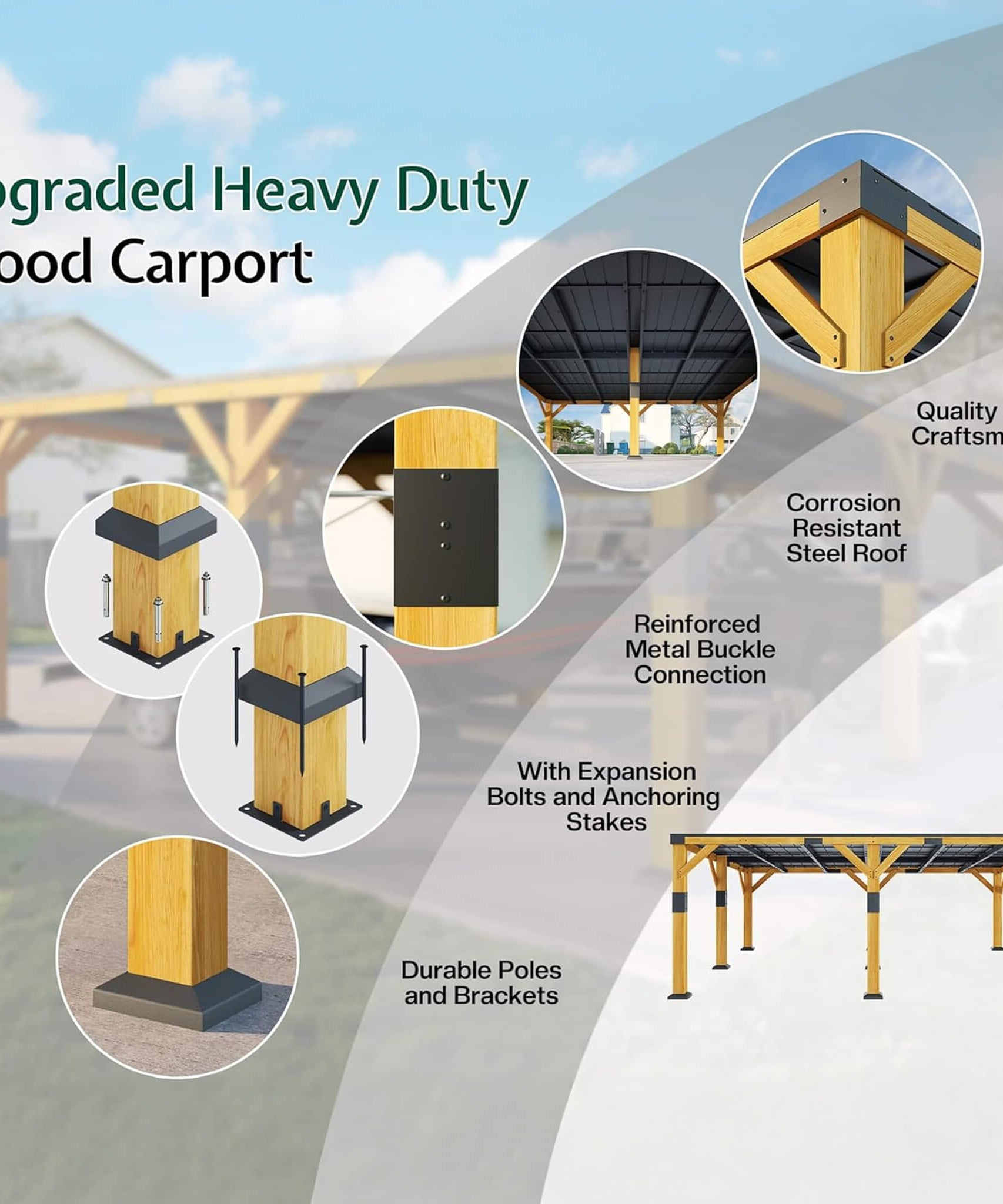 [20X20FT] Alora Heavy-Duty All-Weather Outdoor Cedar Wood Carport With Galvanized Steel Roof (SAK76145)