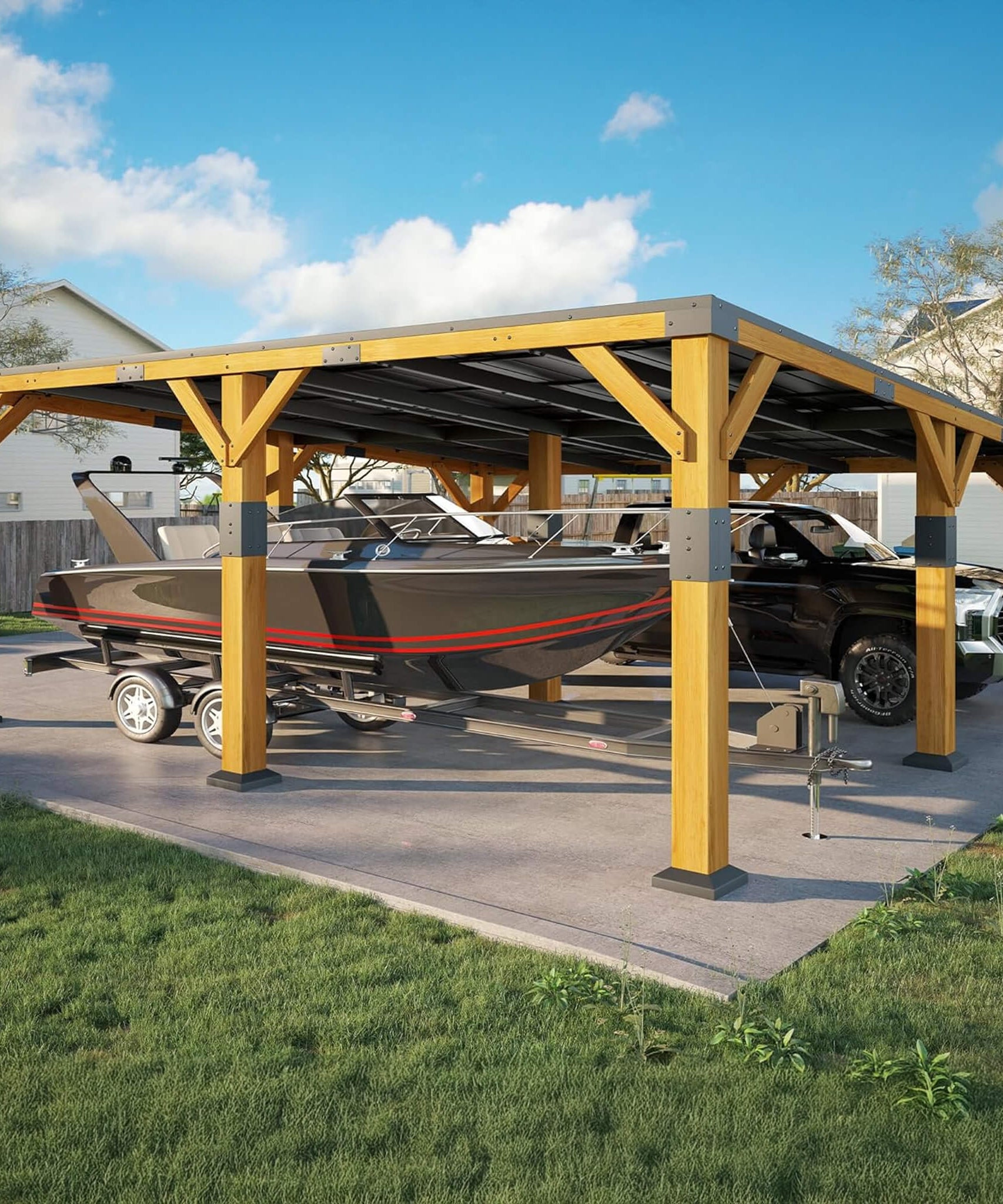 [20X20FT] Alora Heavy-Duty All-Weather Outdoor Cedar Wood Carport With Galvanized Steel Roof (SAK76145)