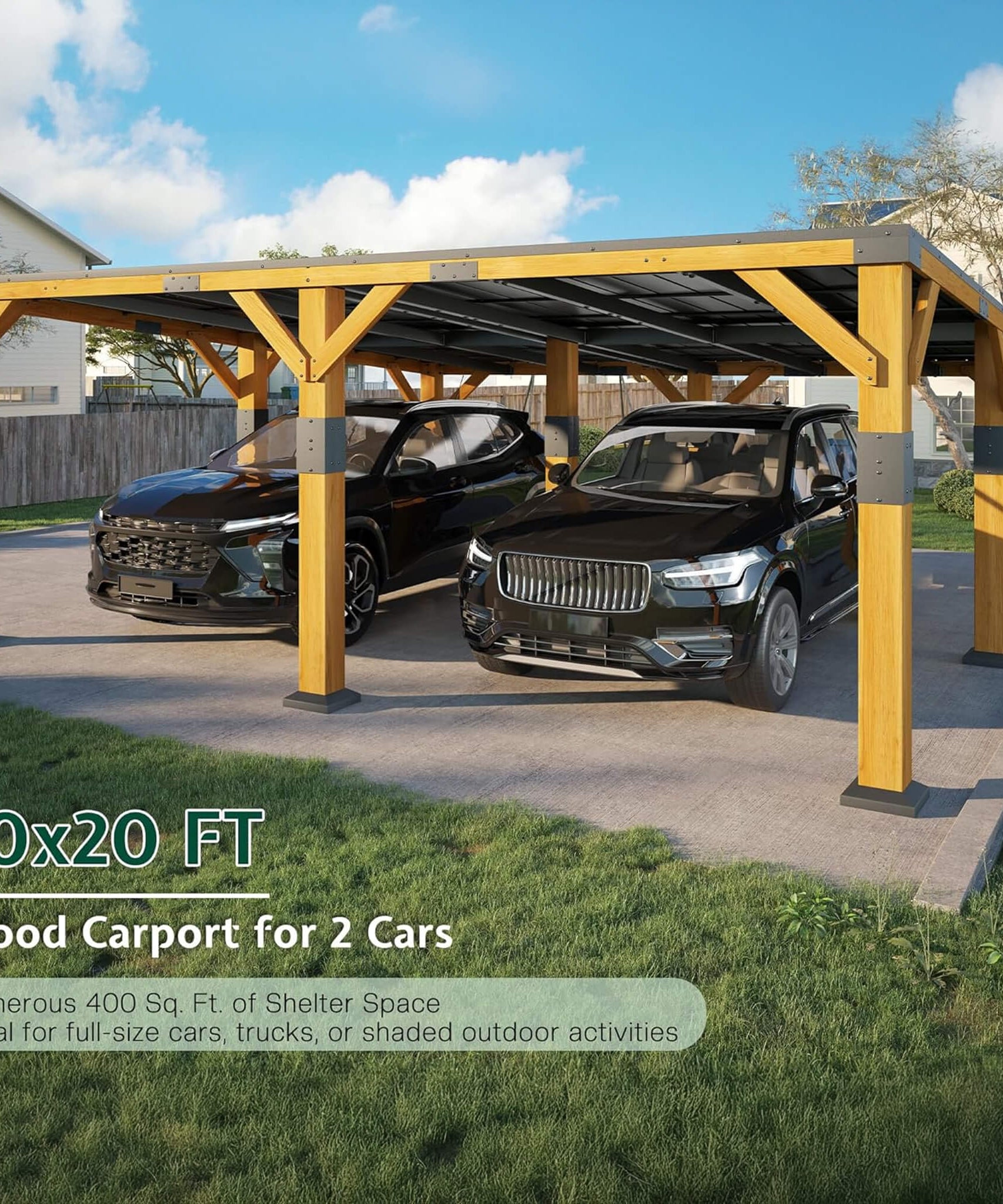 [20X20FT] Alora Heavy-Duty All-Weather Outdoor Cedar Wood Carport With Galvanized Steel Roof (SAK76145)