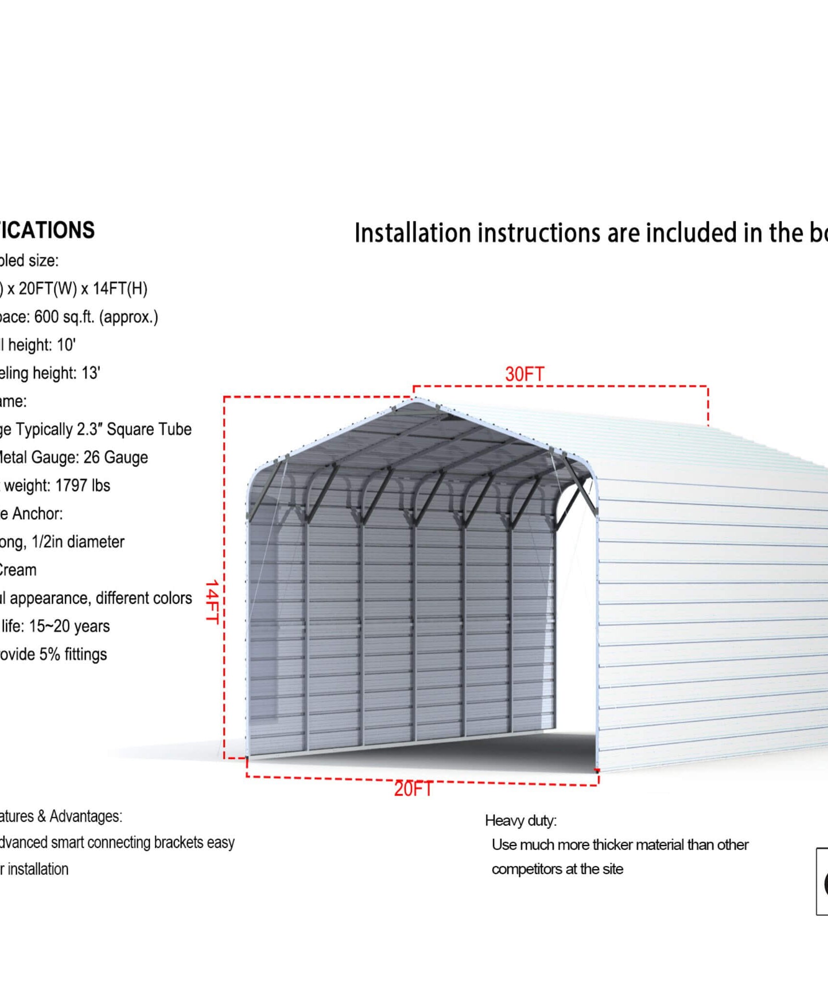 [20X30FT] Alora Heavy-Duty Outdoor Galvanized Steel Carport (SAK21596)