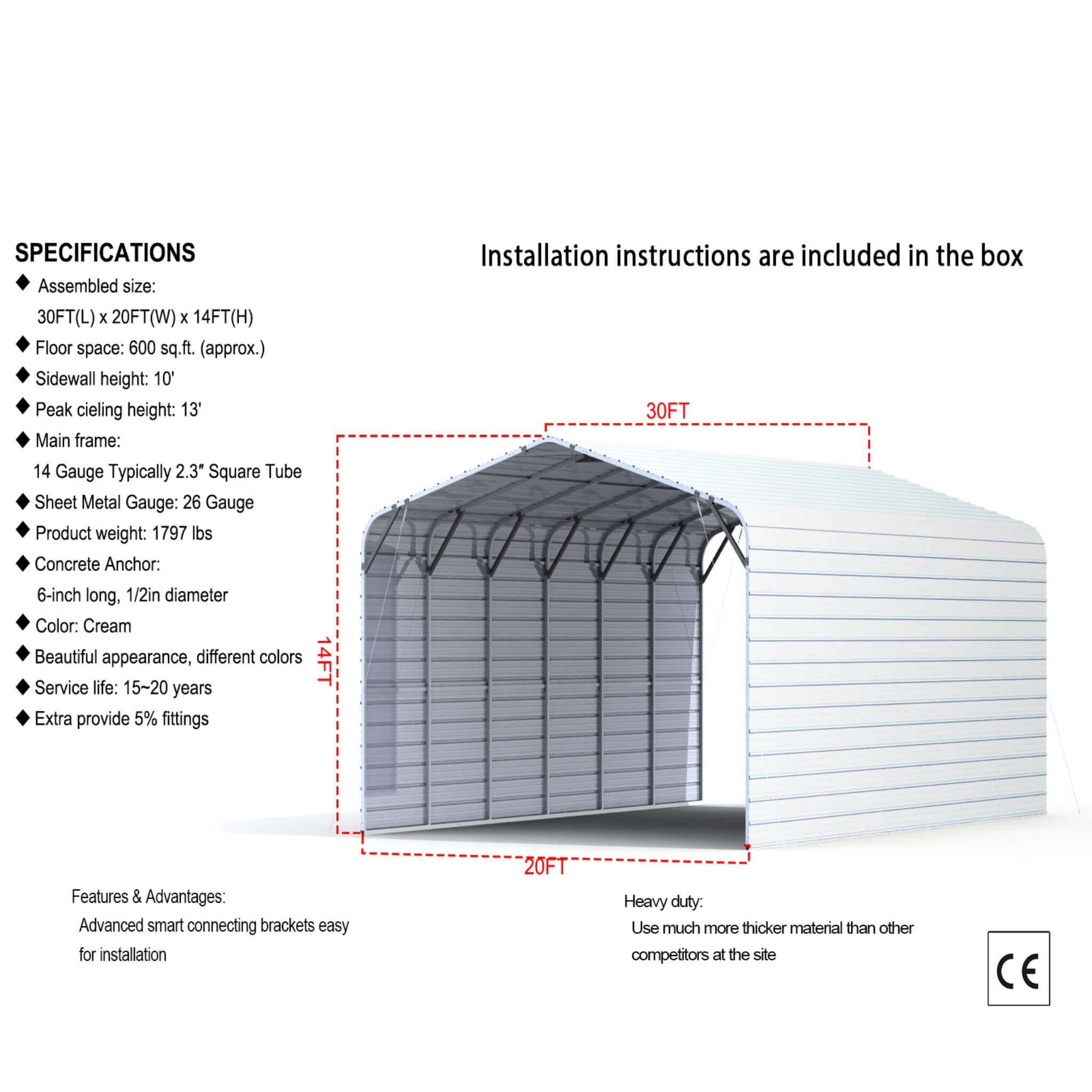 [20X30FT] Alora Heavy-Duty Outdoor Galvanized Steel Carport (SAK21596)