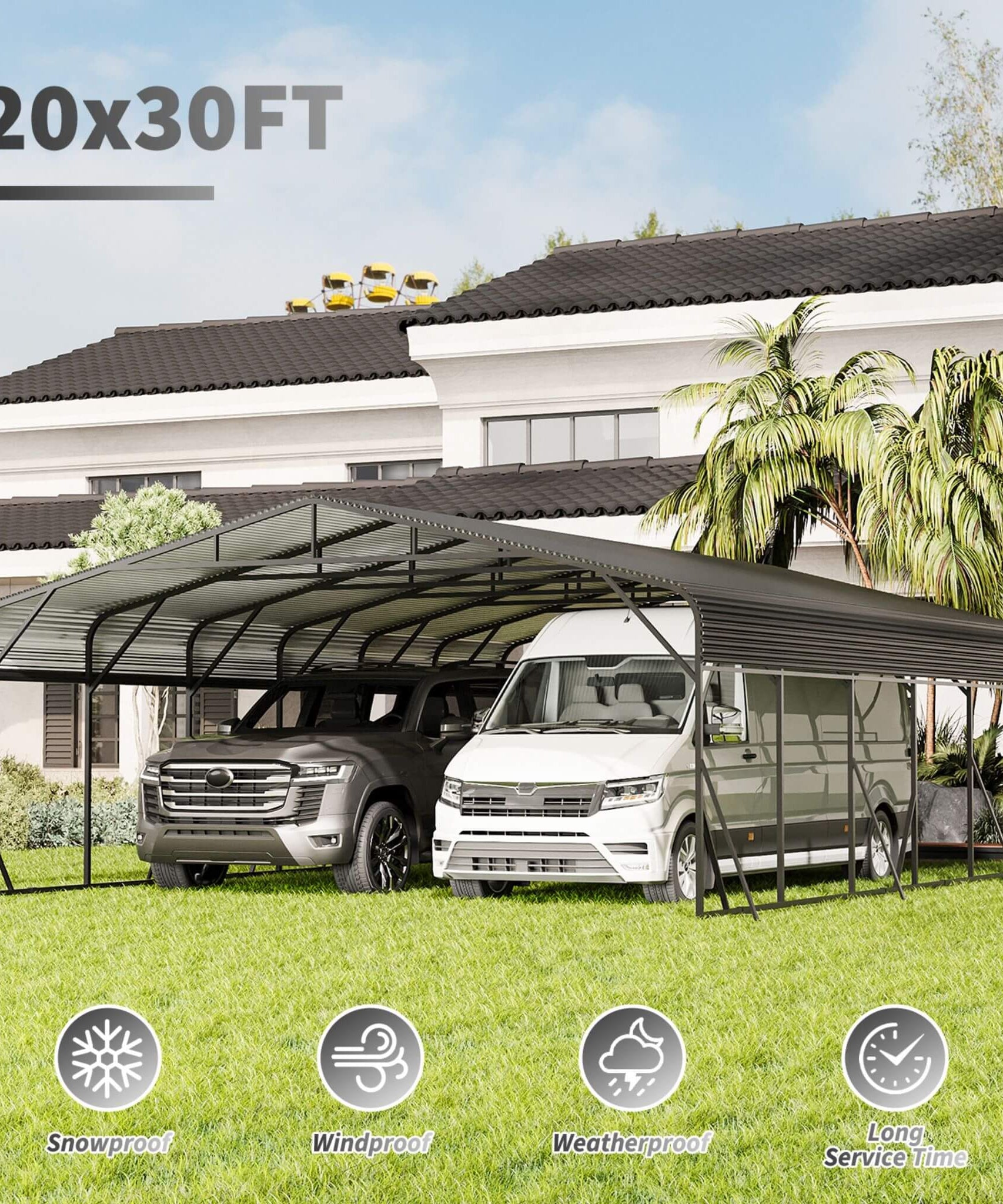 [20X30FT] Alora Heavy-Duty Wind-Resistant Steel Roof Carport With Triangular Frame (SAK94812)