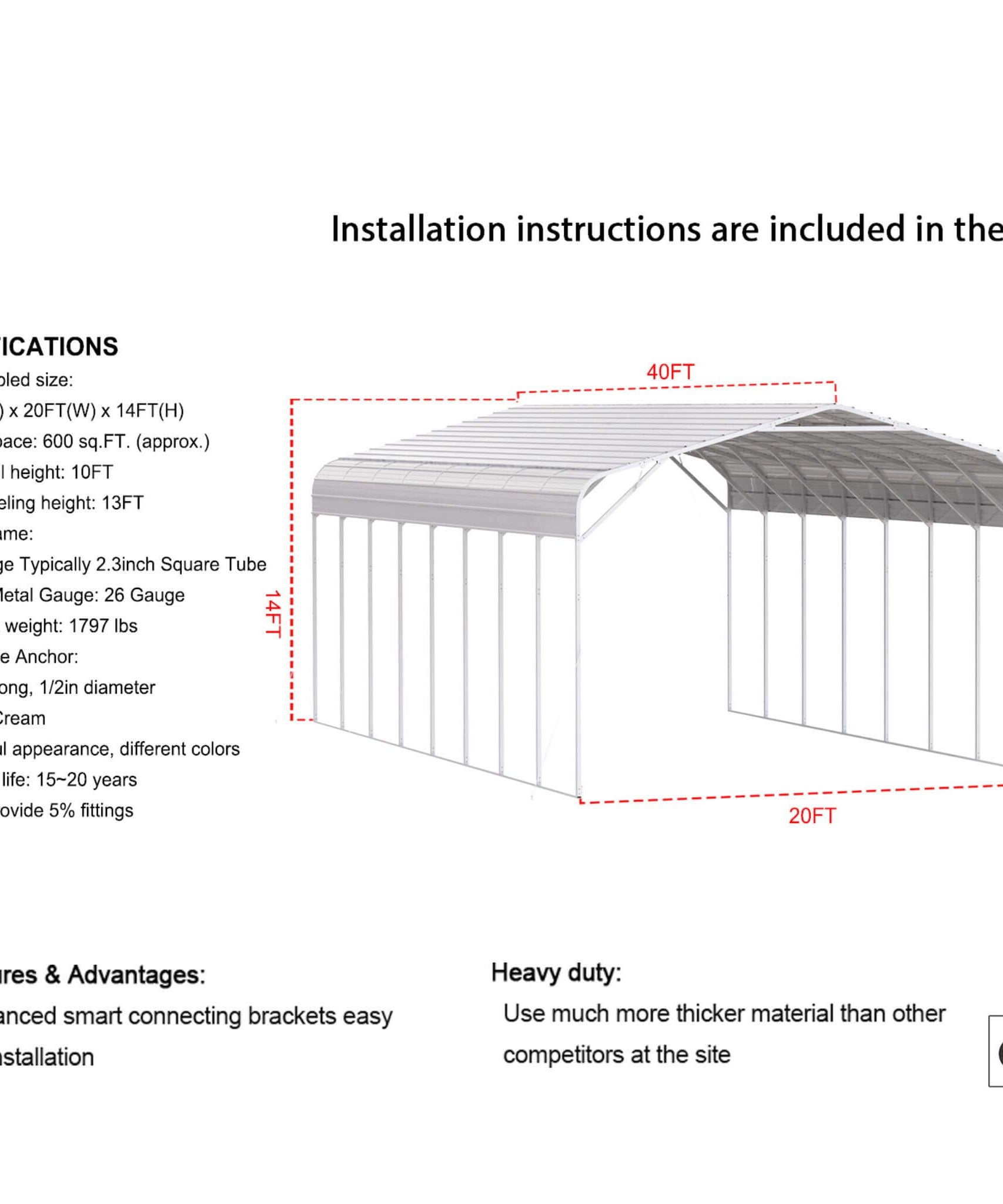 [20X40FT] Alora Heavy-Duty Outdoor High-Clearance Metal Carport (SAK67509)