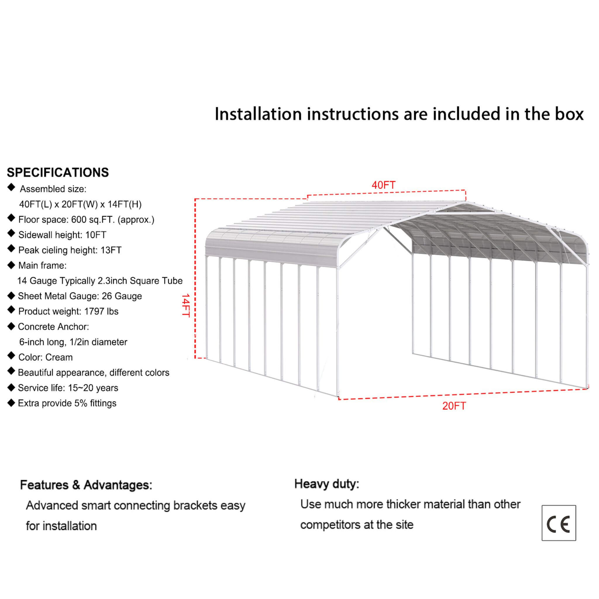 [20X40FT] Alora Heavy-Duty Outdoor High-Clearance Metal Carport (SAK67509)
