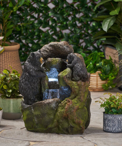 [CLEARANCE] Alora 22-Inch Weather-Resistant Outdoor Bears On A Log Floor Fountain With LED Lights (SAK77651)