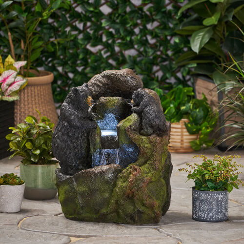 [CLEARANCE] Alora 22-Inch Weather-Resistant Outdoor Bears On A Log Floor Fountain With LED Lights (SAK77651)