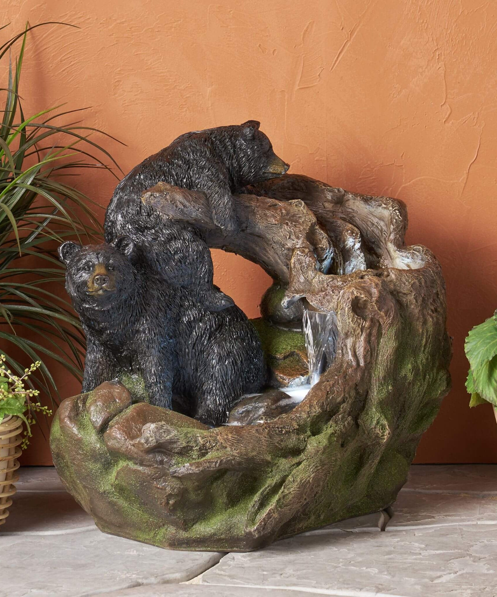 [CLEARANCE] Alora 22-Inch Weather-Resistant Outdoor Bears On A Log Floor Fountain With LED Lights (SAK77651)
