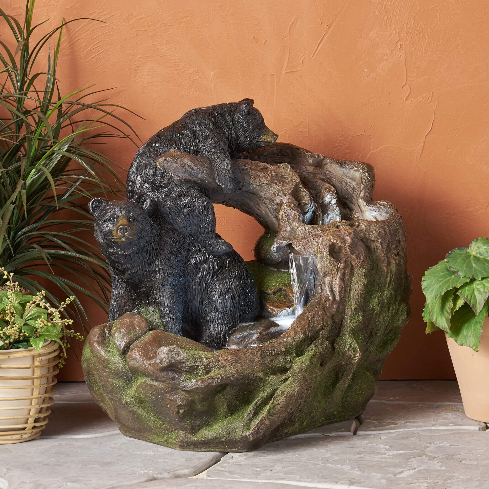 [CLEARANCE] Alora 22-Inch Weather-Resistant Outdoor Bears On A Log Floor Fountain With LED Lights (SAK77651)