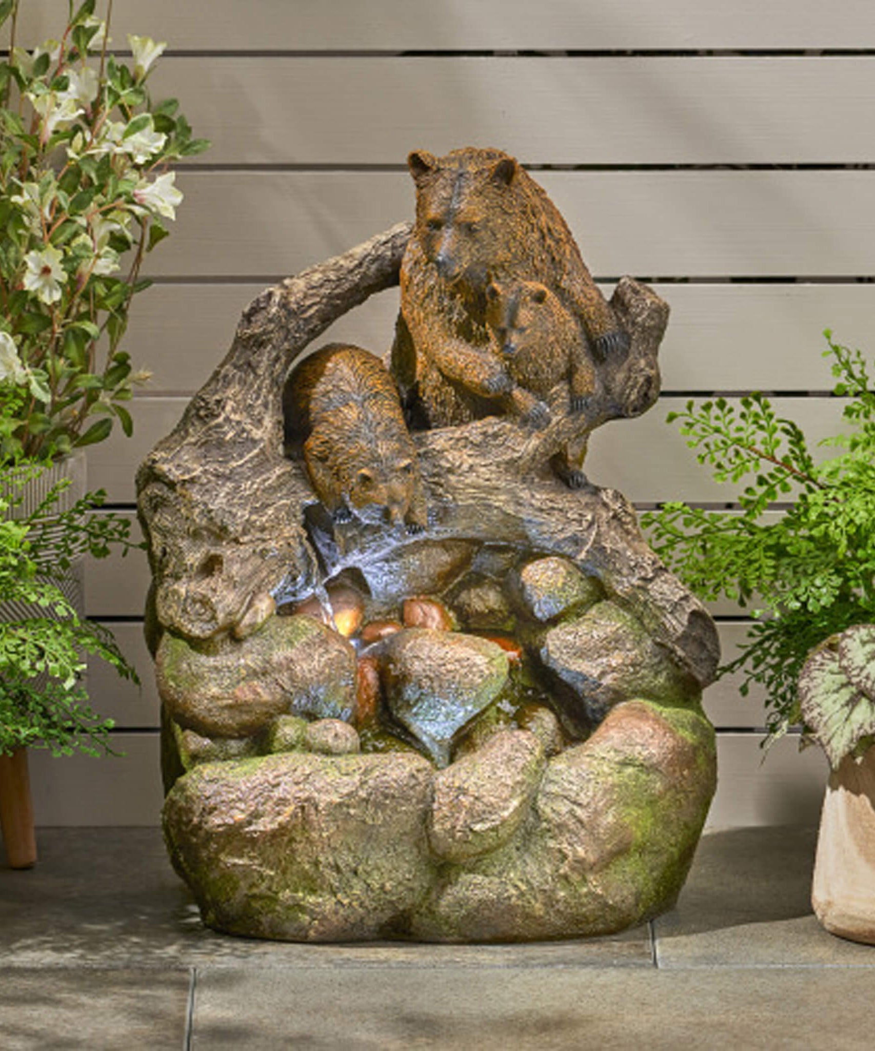 [CLEARANCE] Alora 22-Inch Weather-Resistant Outdoor Bears On A Log Floor Fountain With LED Lights (SAK77651)