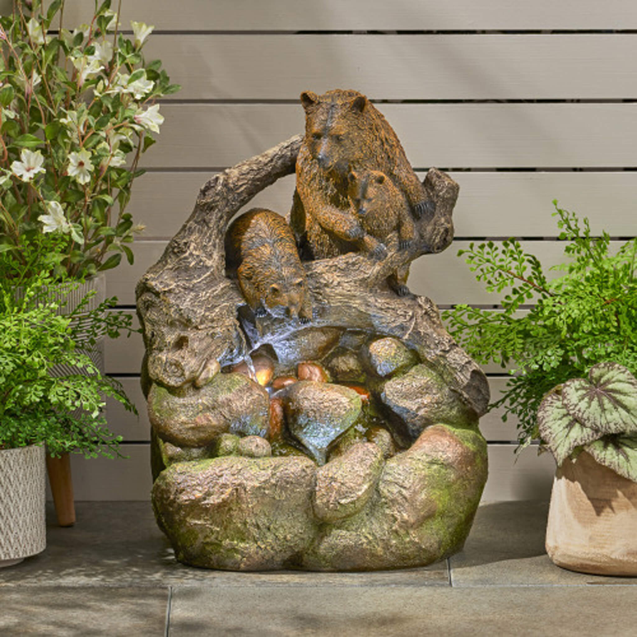 [CLEARANCE] Alora 22-Inch Weather-Resistant Outdoor Bears On A Log Floor Fountain With LED Lights (SAK77651)