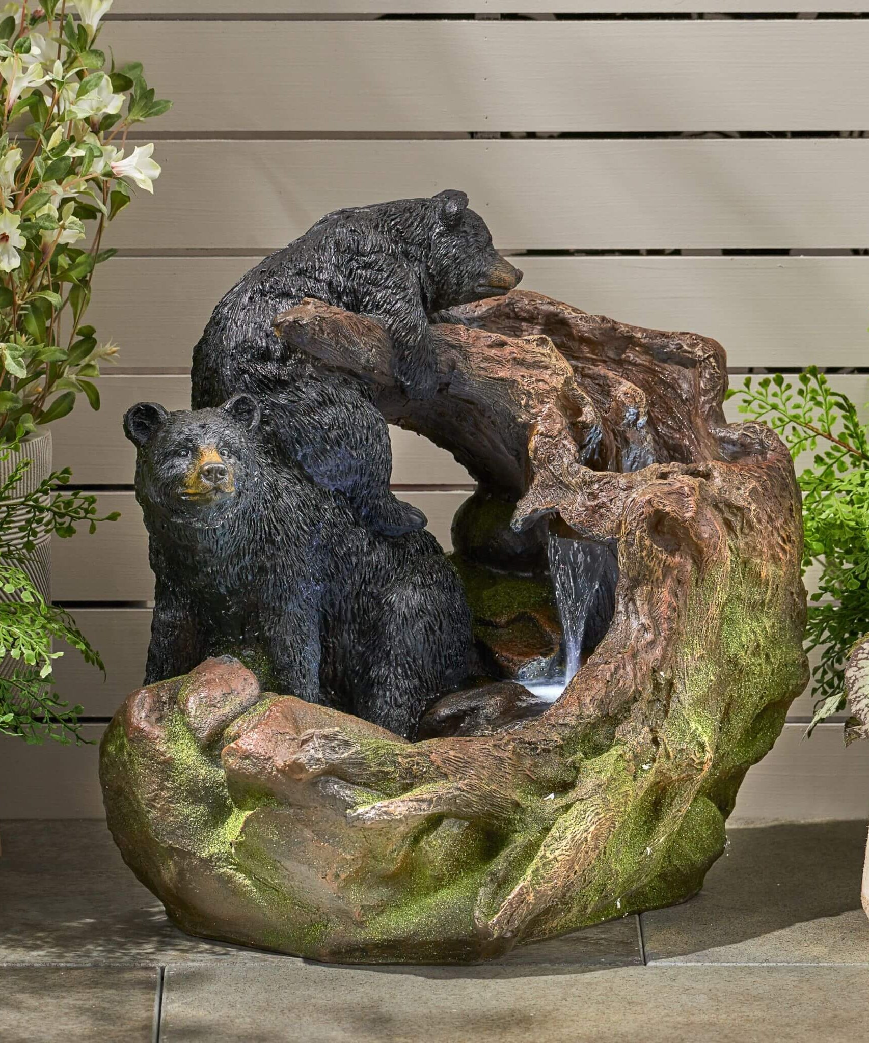 [CLEARANCE] Alora 22-Inch Weather-Resistant Outdoor Bears On A Log Floor Fountain With LED Lights (SAK77651)