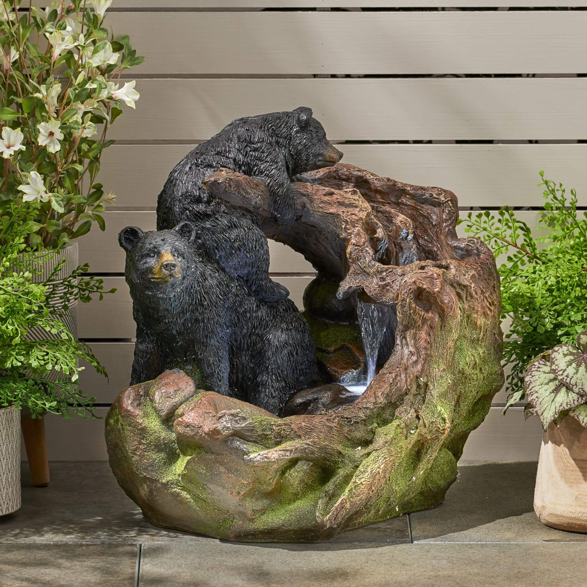 [CLEARANCE] Alora 22-Inch Weather-Resistant Outdoor Bears On A Log Floor Fountain With LED Lights (SAK77651)