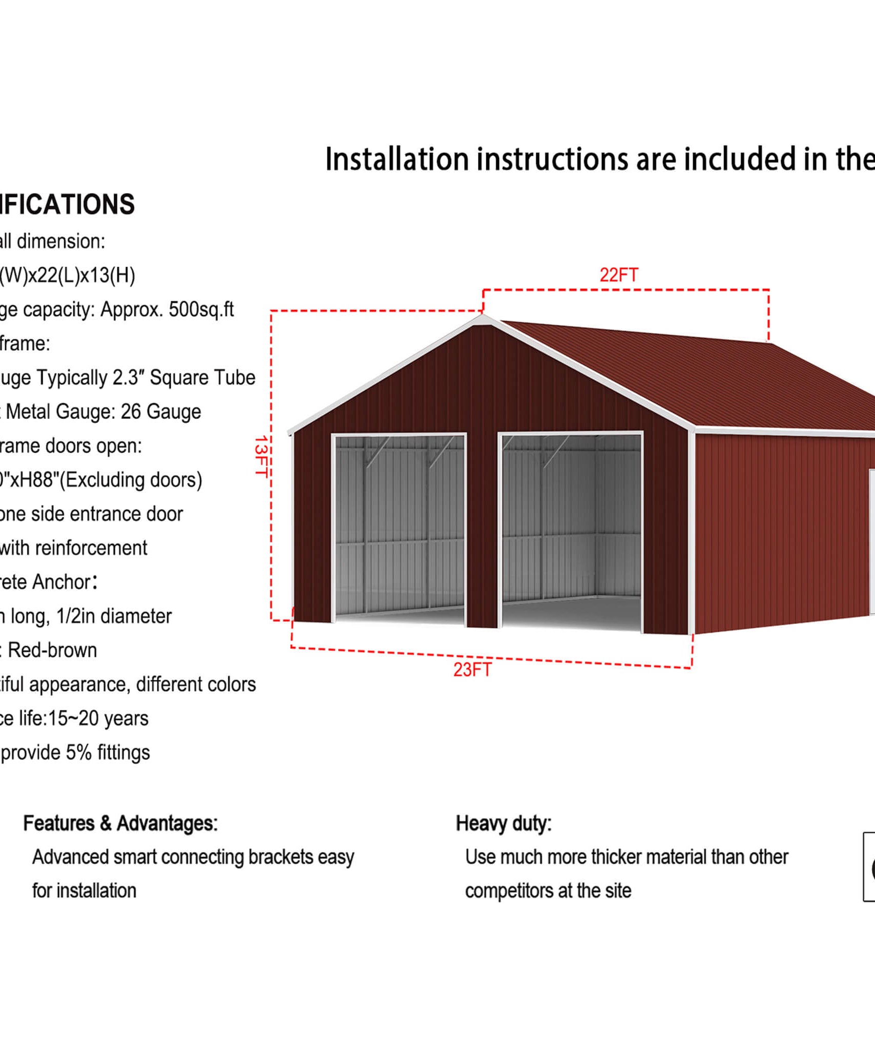 [22X23FT] Alora Heavy-Duty Red-Brown Double Garage Steel Barn Storage Shed (SAK83456)