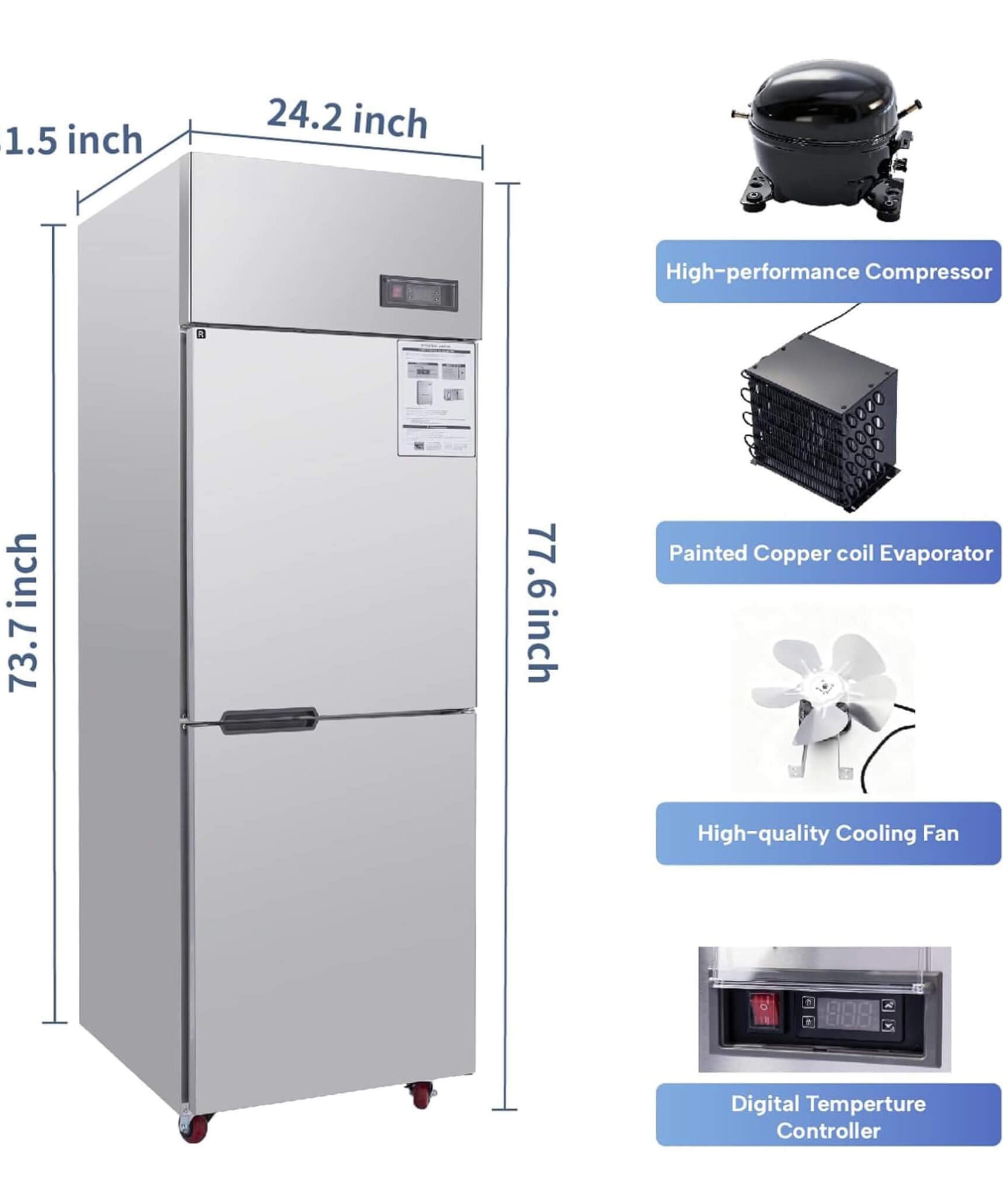 24-Inch Commercial 15 Cu.Ft Stainless Steel Reach-In Refrigerator With Two Split Doors (SAK67230)