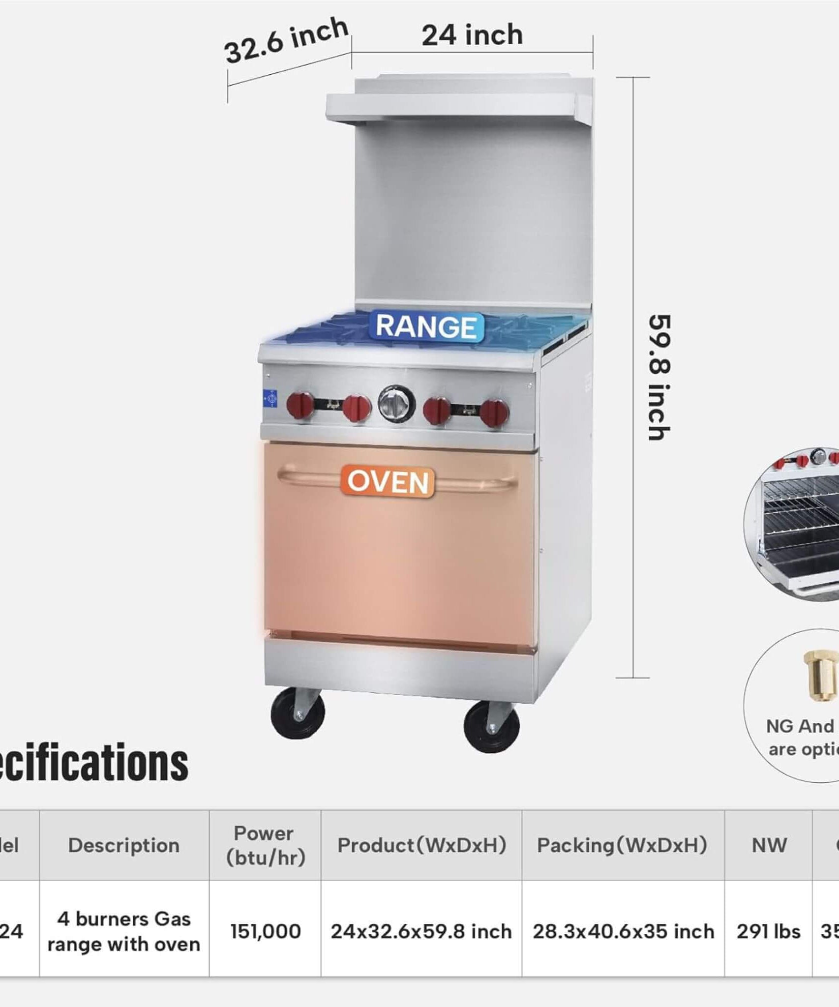 24-Inch Commercial 151K BTU 4-Burner Stainless Steel Freestanding Gas Range (SAK70931)