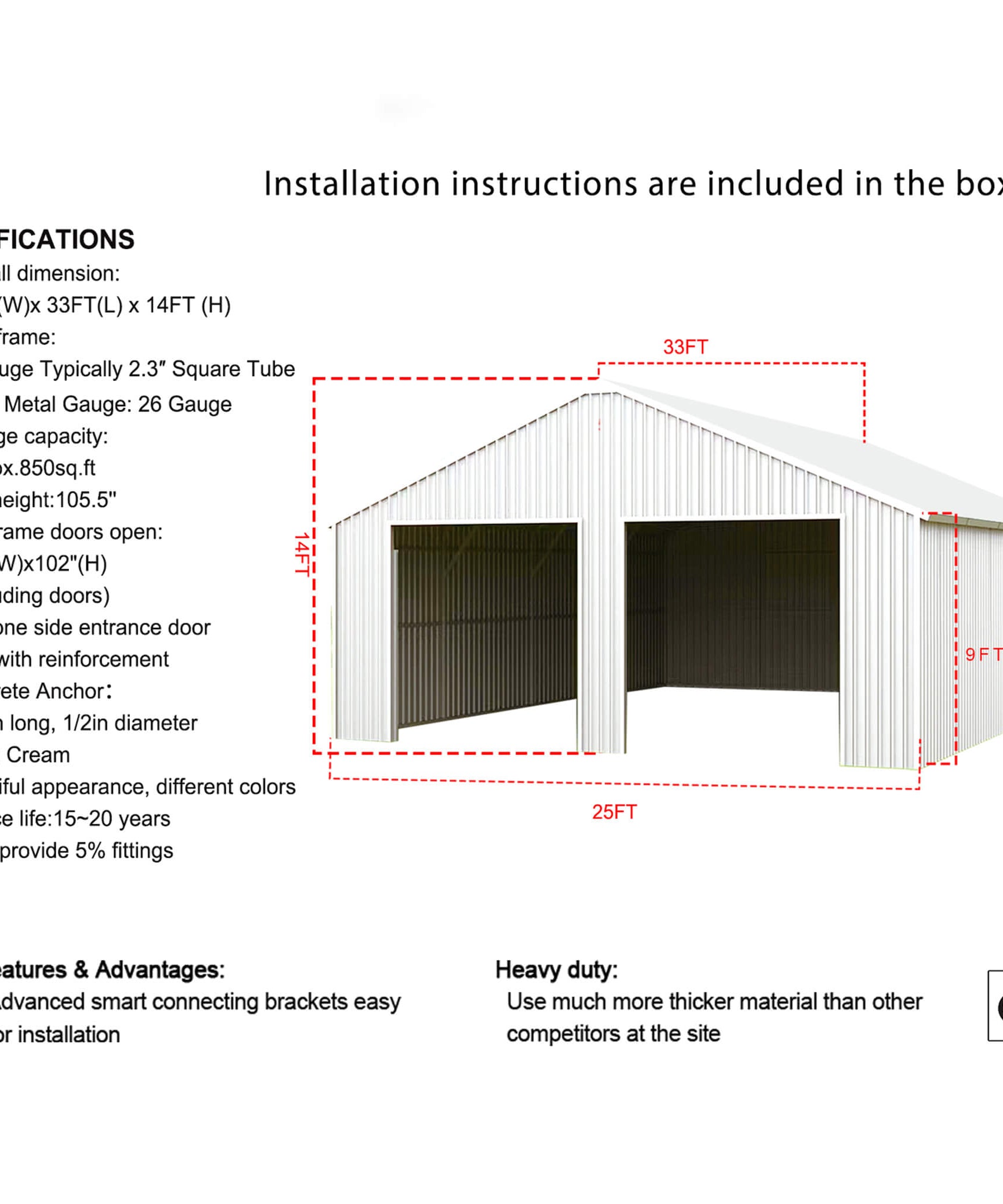 [25X33FT] Alora Heavy-Duty Double Garage Galvanized Steel Barn Shed (SAK61234)