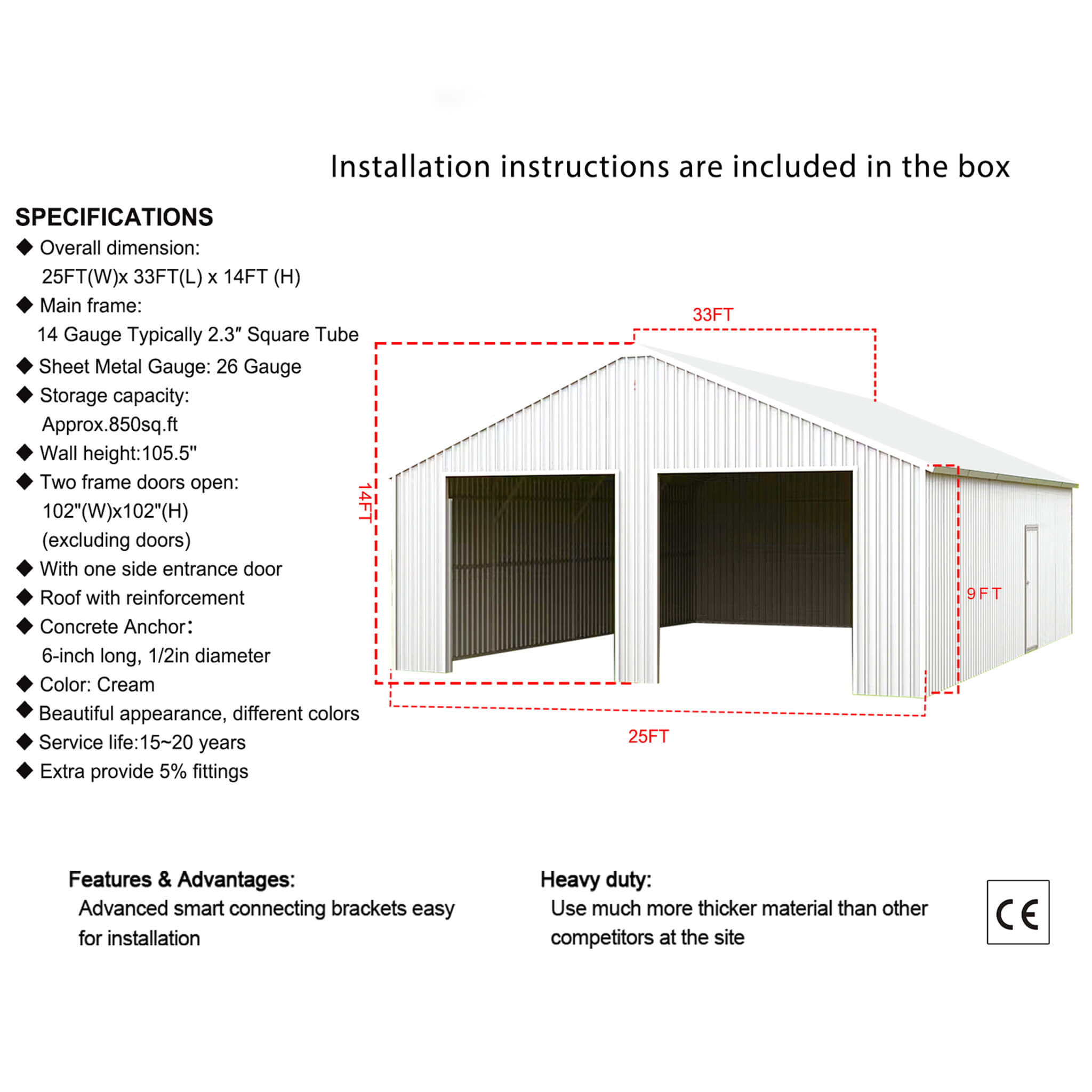 [25X33FT] Alora Heavy-Duty Double Garage Galvanized Steel Barn Shed (SAK61234)