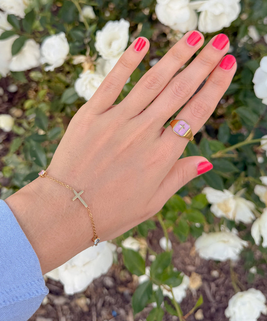 Lilac Enamel Cross Ring