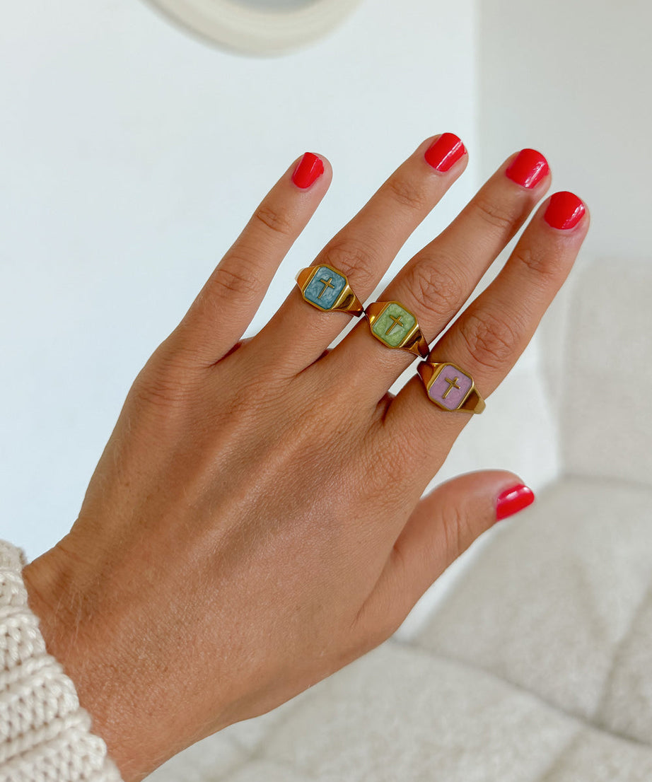 Lilac Enamel Cross Ring