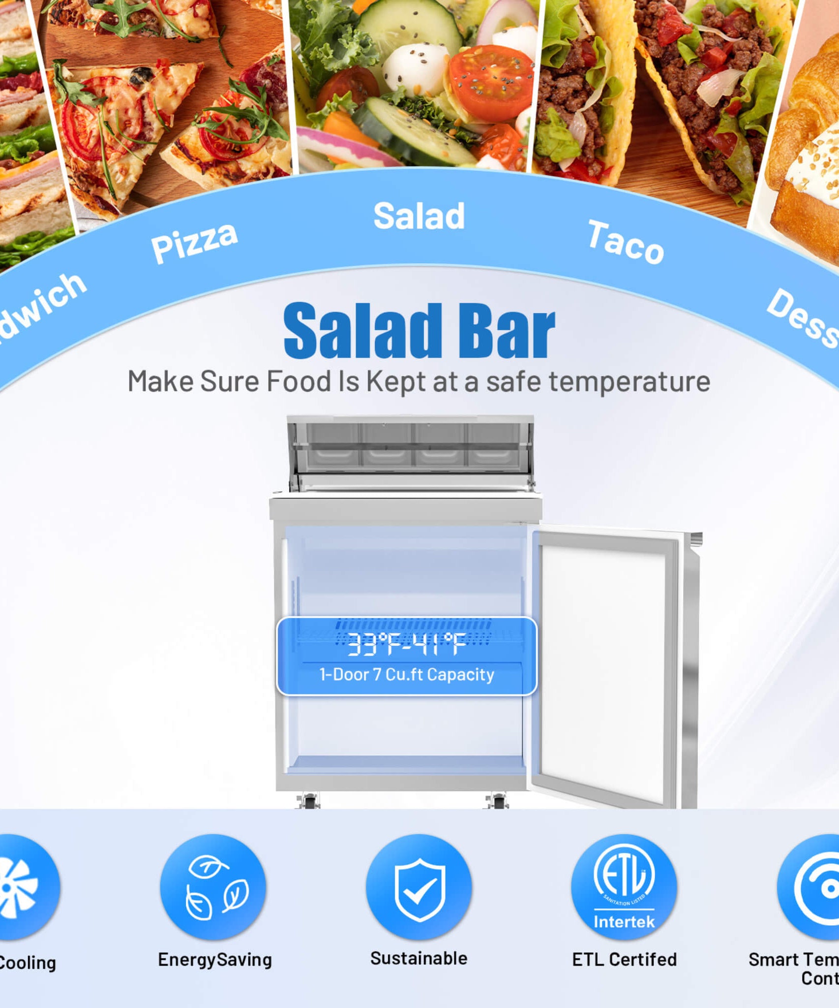 27-Inch 7.4 Cu.Ft Commercial Stainless Steel Sandwich Salad Prep Table Refrigerator (SAK84120)