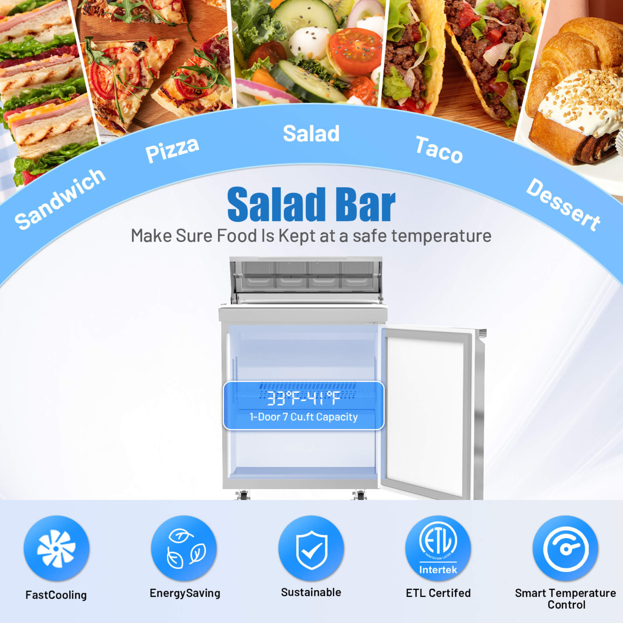 27-Inch 7.4 Cu.Ft Commercial Stainless Steel Sandwich Salad Prep Table Refrigerator (SAK84120)
