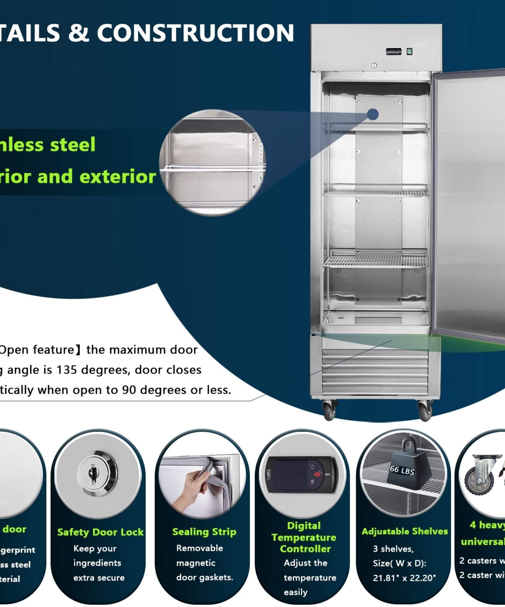 Heavy-Duty 27-Inch 8.7 Cu.Ft Commercial Upright Stainless Steel Reach-In Freezer (SAK43815)