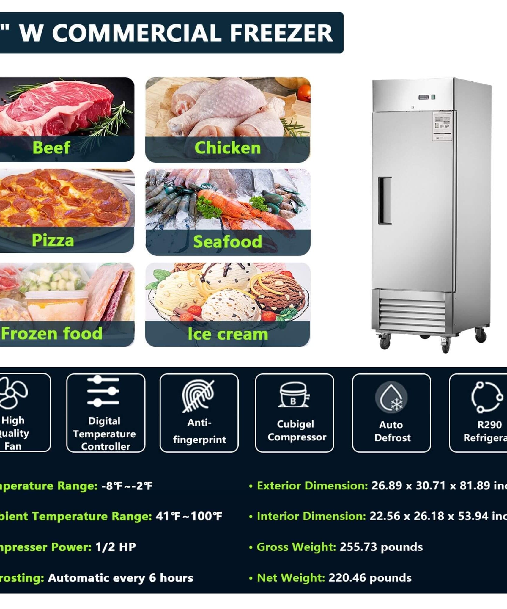 Heavy-Duty 27-Inch 8.7 Cu.Ft Commercial Upright Stainless Steel Reach-In Freezer (SAK43815)