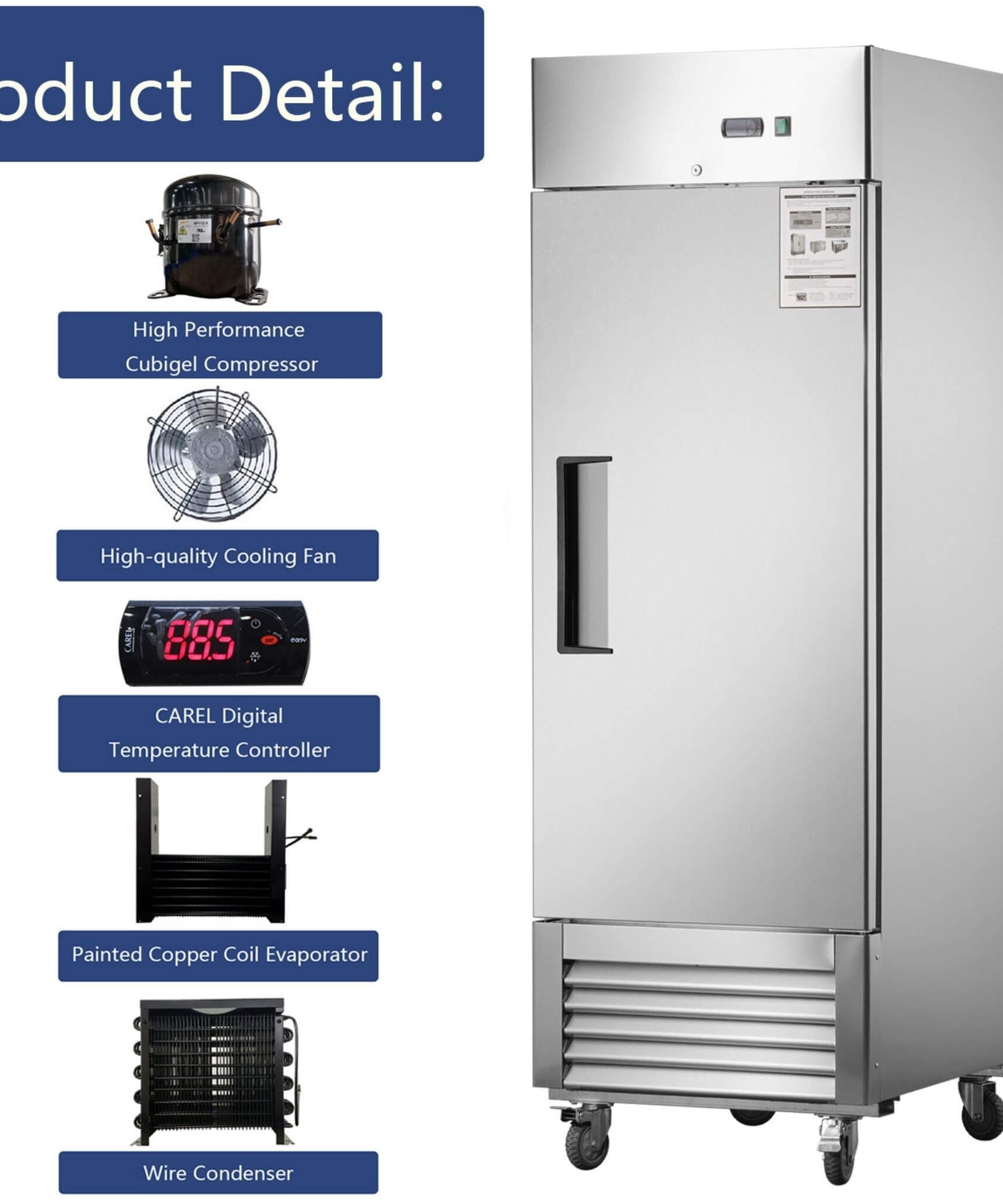 Heavy-Duty 27-Inch 8.7 Cu.Ft Commercial Upright Stainless Steel Reach-In Freezer (SAK43815)