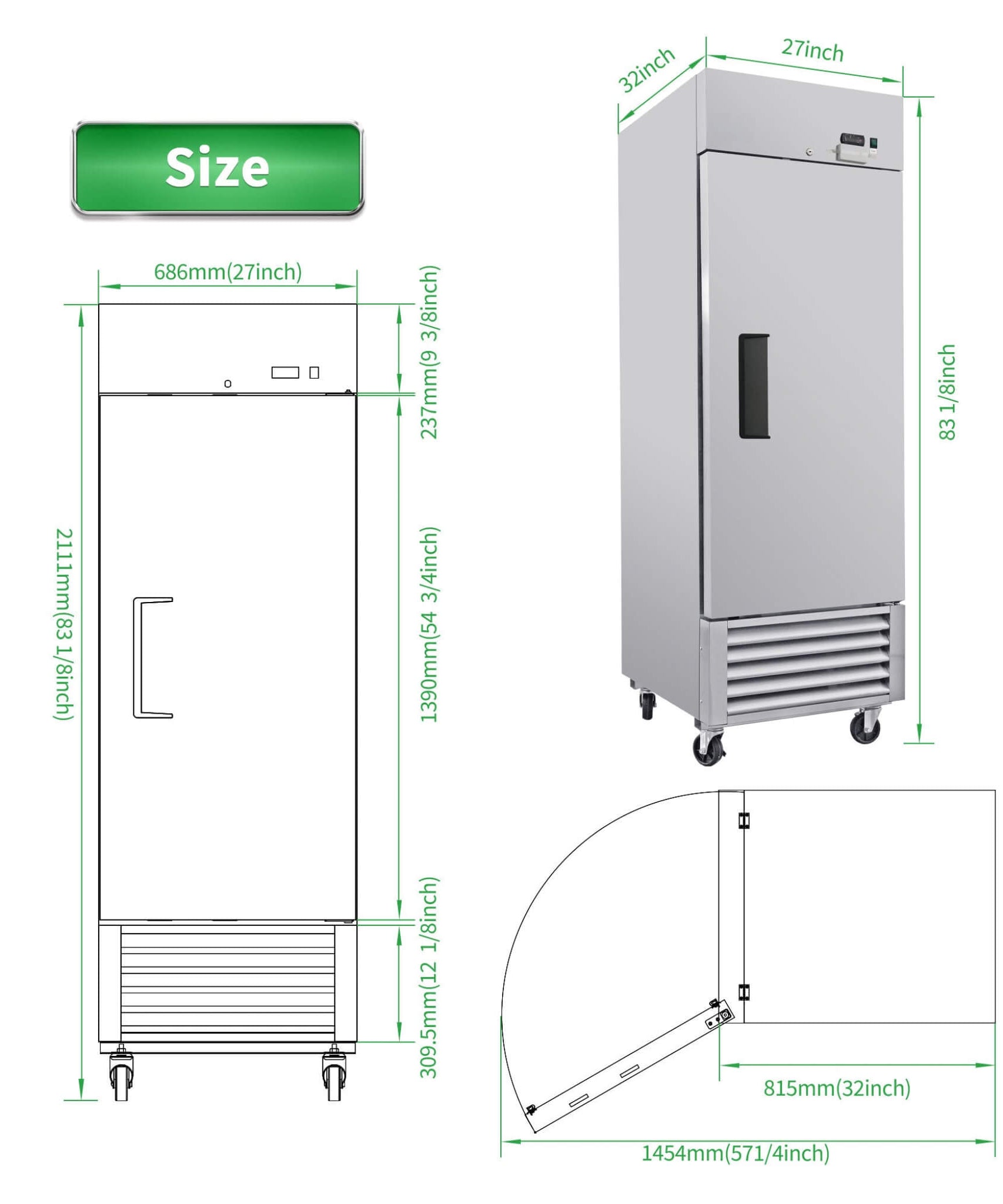 27-Inch Commercial 23 Cu.Ft Reach-In Stainless Steel Freezer (SAK96352)