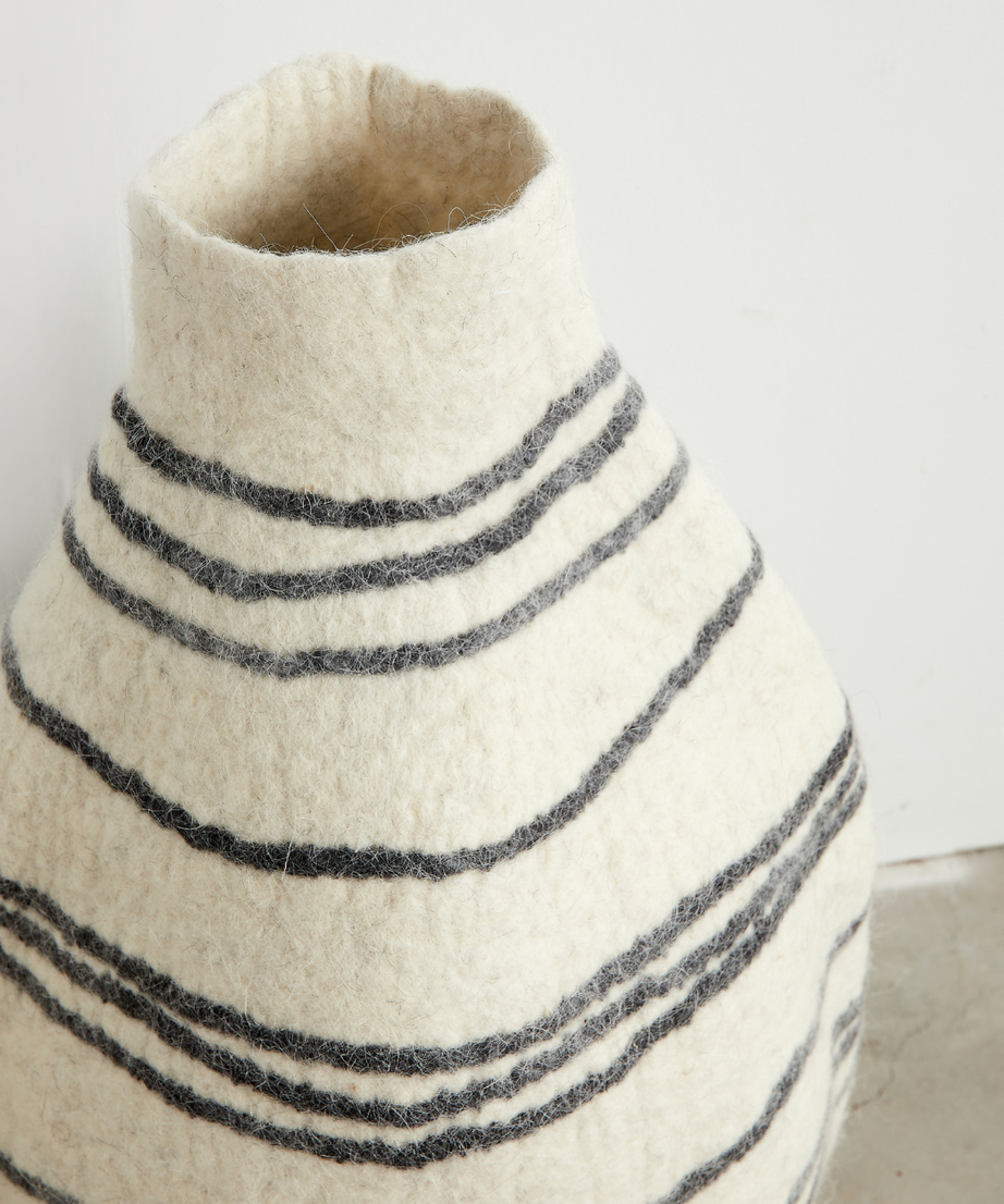Tribal Lines Hand-Felted Wool Natural White Gourd Basket